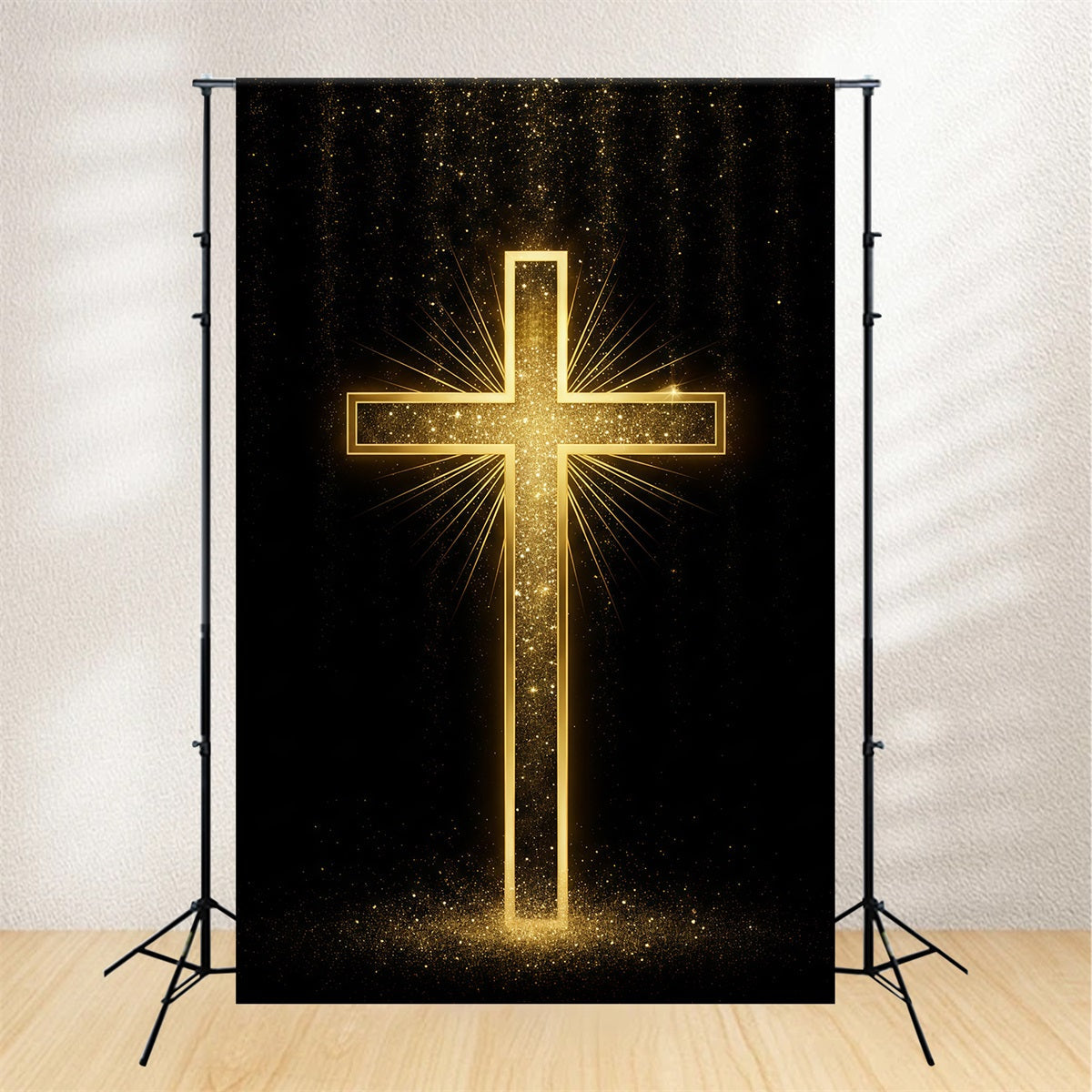 Oster-Fotohintergrund Kirche Goldener Glitzer Strahlendes Kreuz Oster-Fotoshooting-Hintergrund LXX62-48