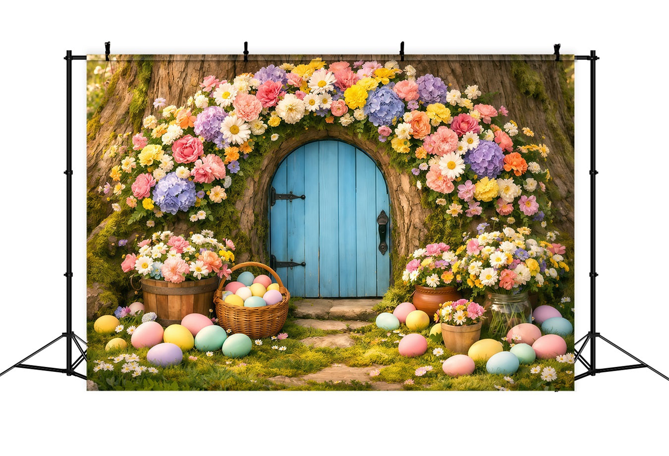 Hintergrund mit Ostereiern Pastellfarbener Blumenbaum Türöffnung Osterhintergrund für Fotos LXX62-49