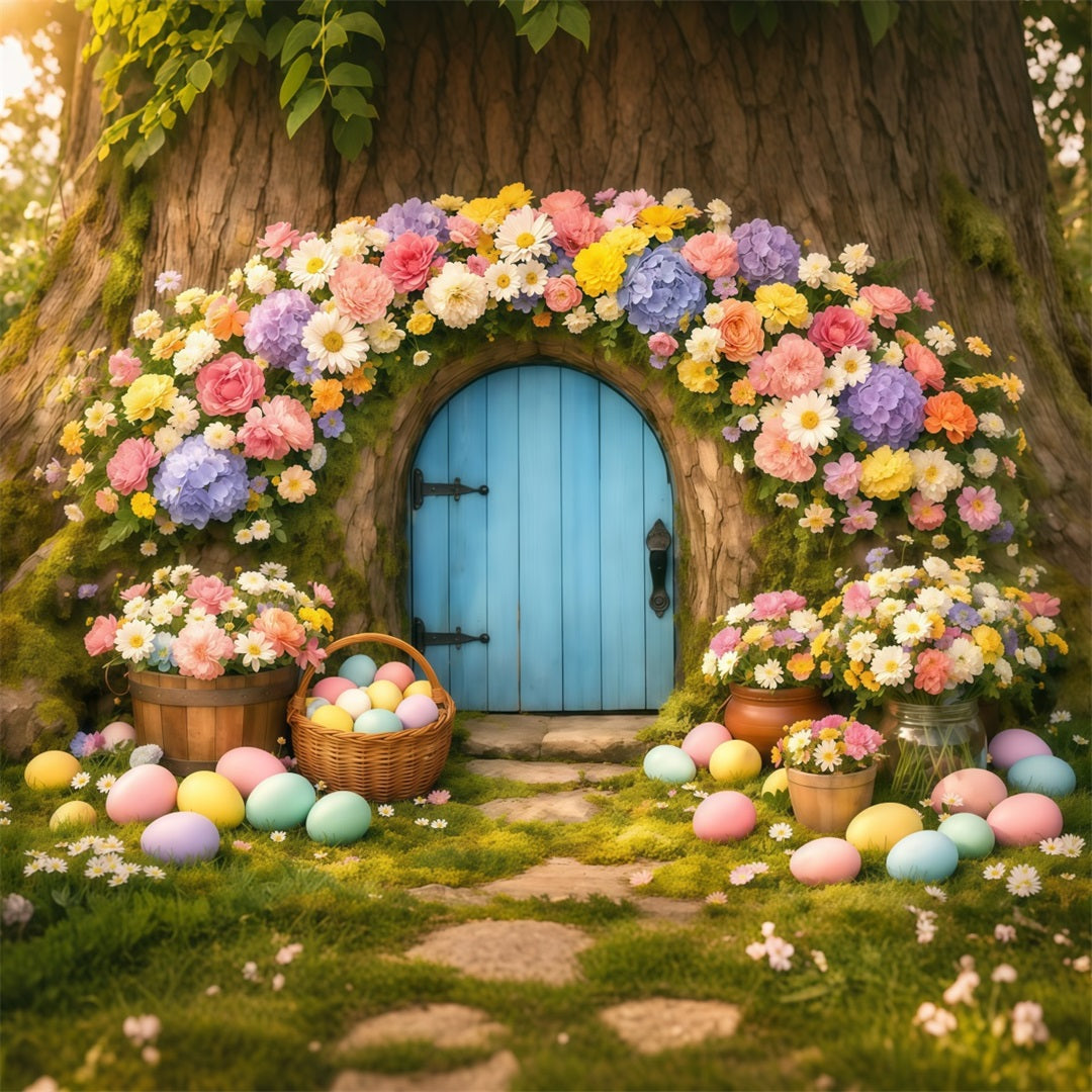 Hintergrund mit Ostereiern Pastellfarbener Blumenbaum Türöffnung Osterhintergrund für Fotos LXX62-49