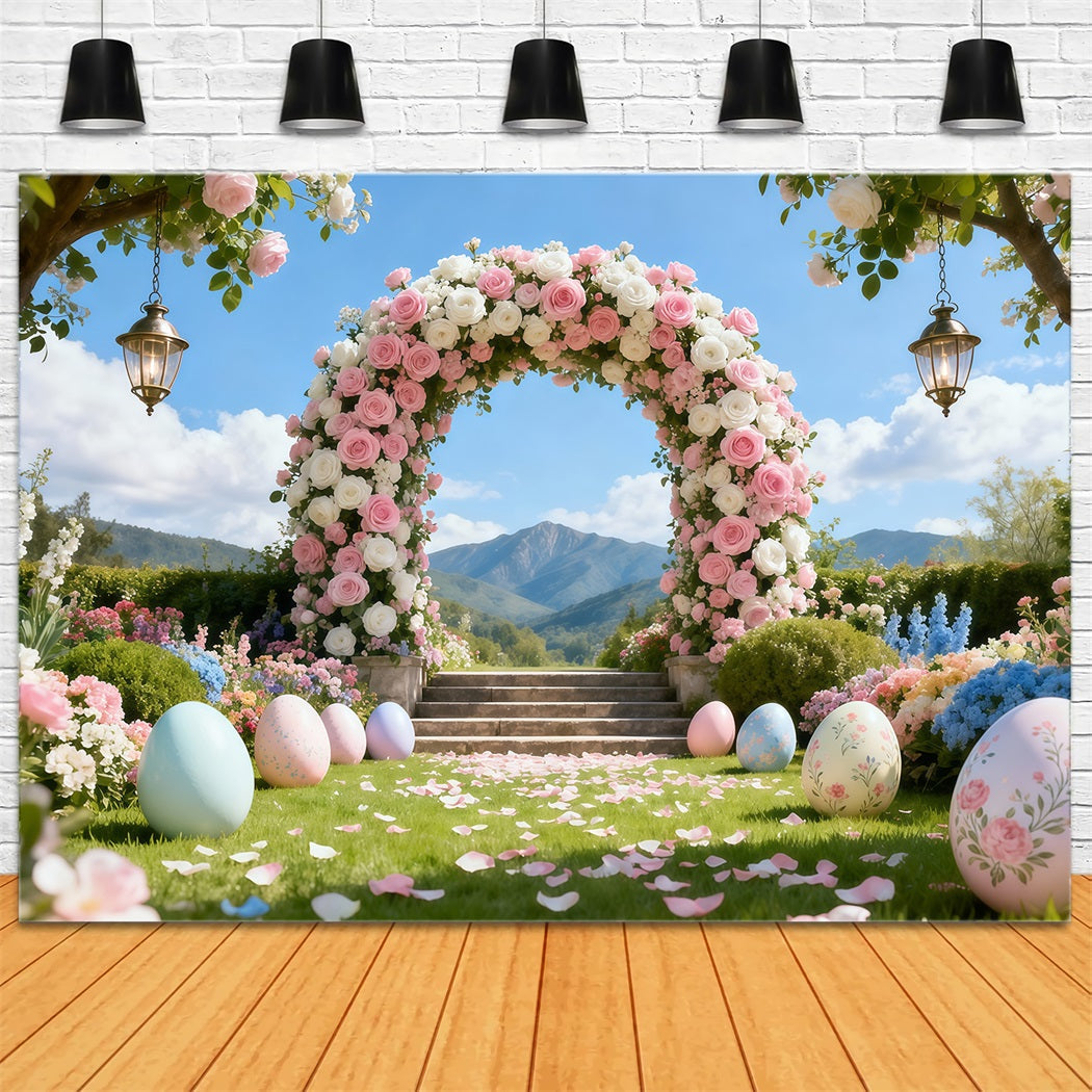 Hintergrund mit Eiern Romantischer Garten Rosenbogen Berglandschaft Hintergrund Ostern LXX62-50