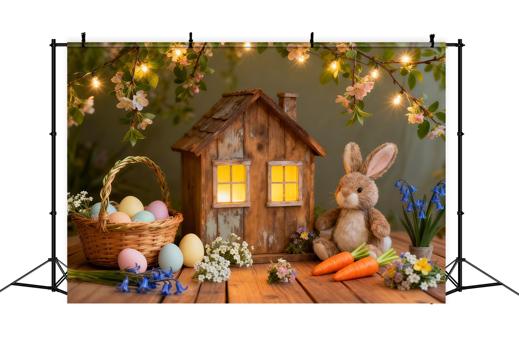 Hintergrund mit Osterhasen für Fotos Rustikales Cottage Lichter Hintergrund mit Eiern für Ostern LXX62-51