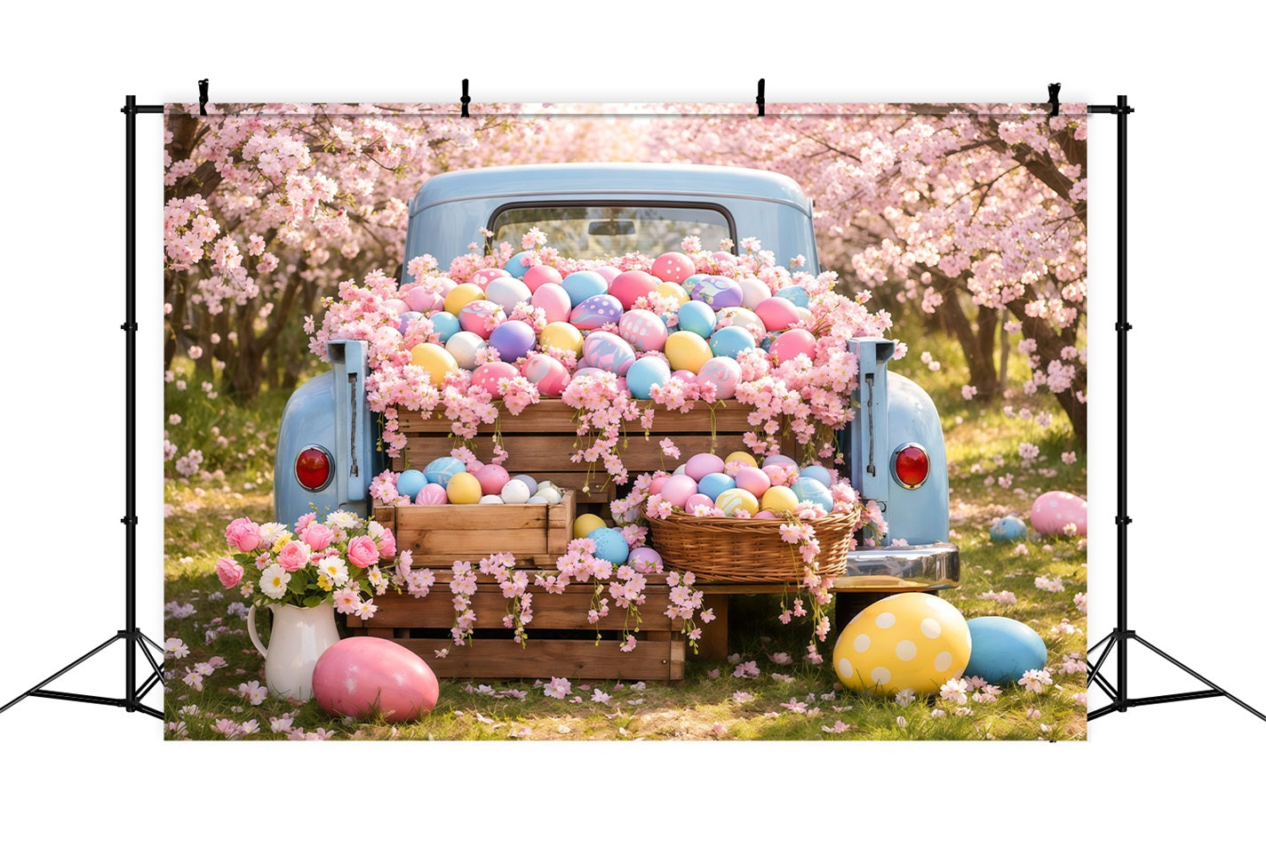 Ostereier-Fotohintergrund Vintage-Lkw Kirschblüten-Hintergründe für Ostern LXX62-53