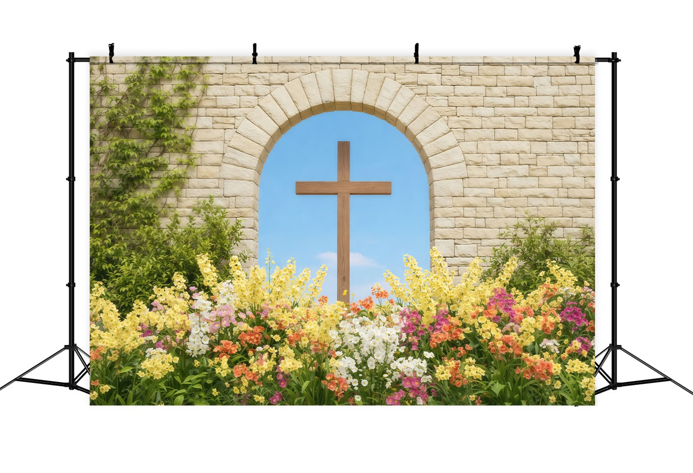Ideen für Osterfotohintergründe für Kirchen Steinbogen Kreuz Frühlingsgarten Osterbild-Hintergrund LXX62-54