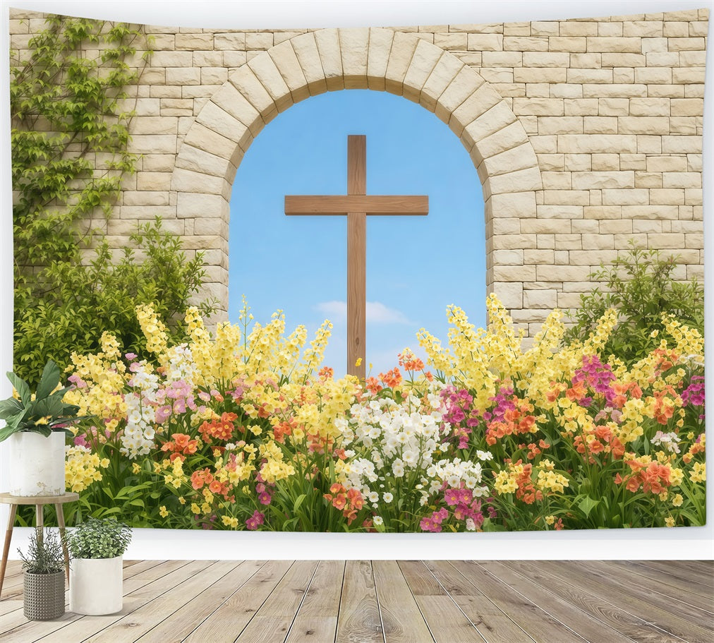 Ideen für Osterfotohintergründe für Kirchen Steinbogen Kreuz Frühlingsgarten Osterbild-Hintergrund LXX62-54