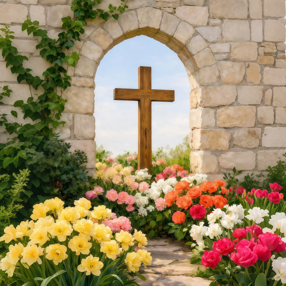 Ideen für Oster-Fotokulissen für Kirchen Rustikaler Bogen Kreuz Blumenweg Oster-Fotokulisse LXX62-55