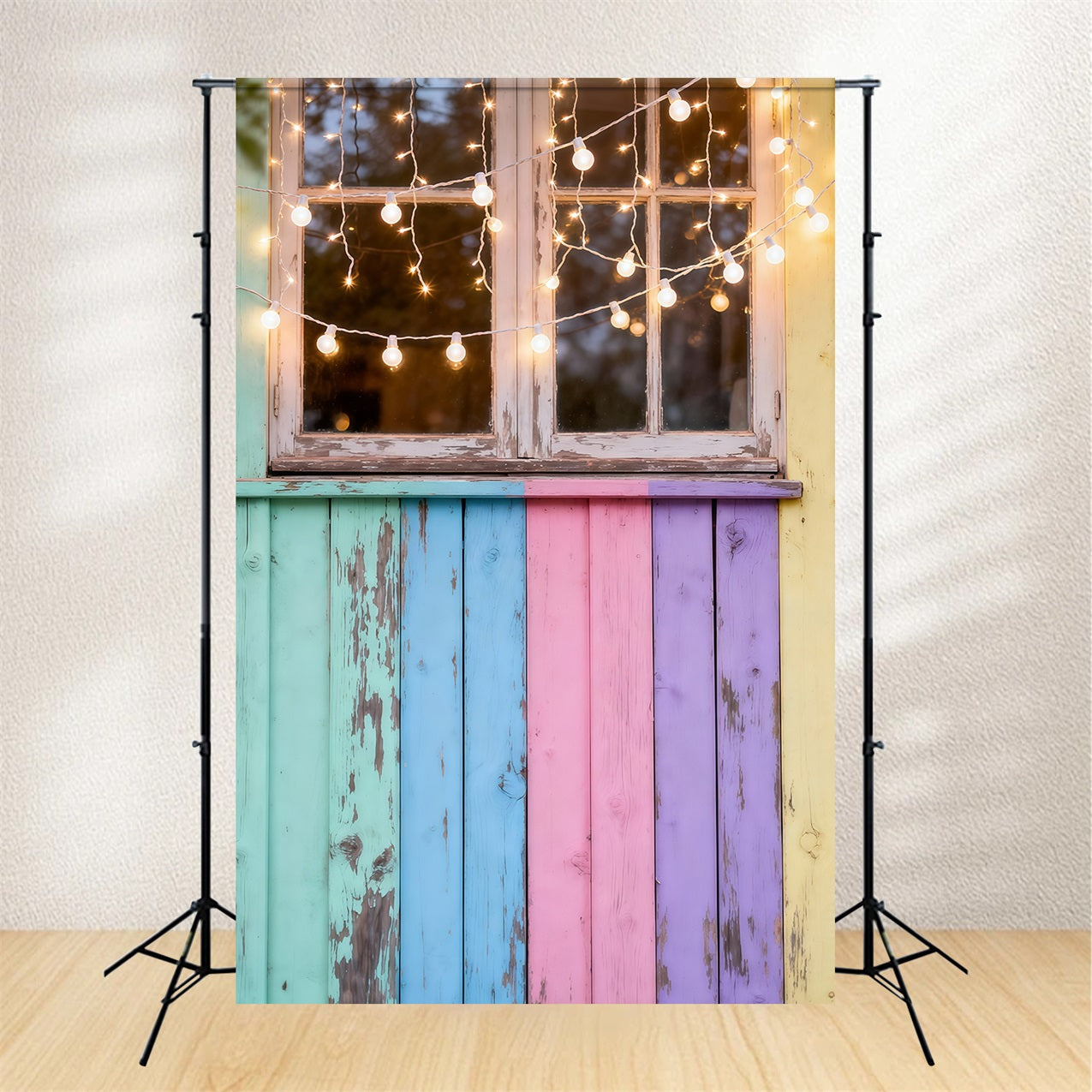 Oster-Sonntag-Fotokulisse Pastellfarbenes Holzfenster Lichterkette Oster-Fotokulisse LXX62-56