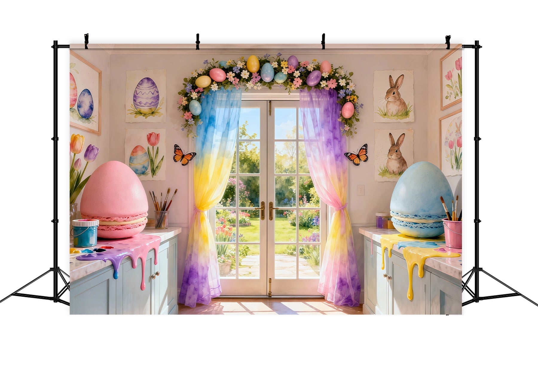 Frühlings-Oster-Hintergrund Regenbogen-Tropfen Macaron Studio-Raum Ideen für Oster-Fotohintergründe LXX62-57