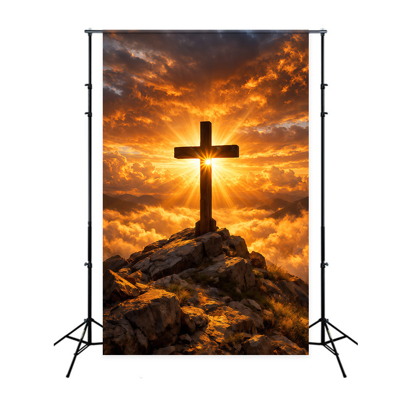 Religiöser Oster-Hintergrund Goldenes strahlendes Kreuz Sonnenaufgang Oster-Fotohintergründe zu verkaufen LXX62-58