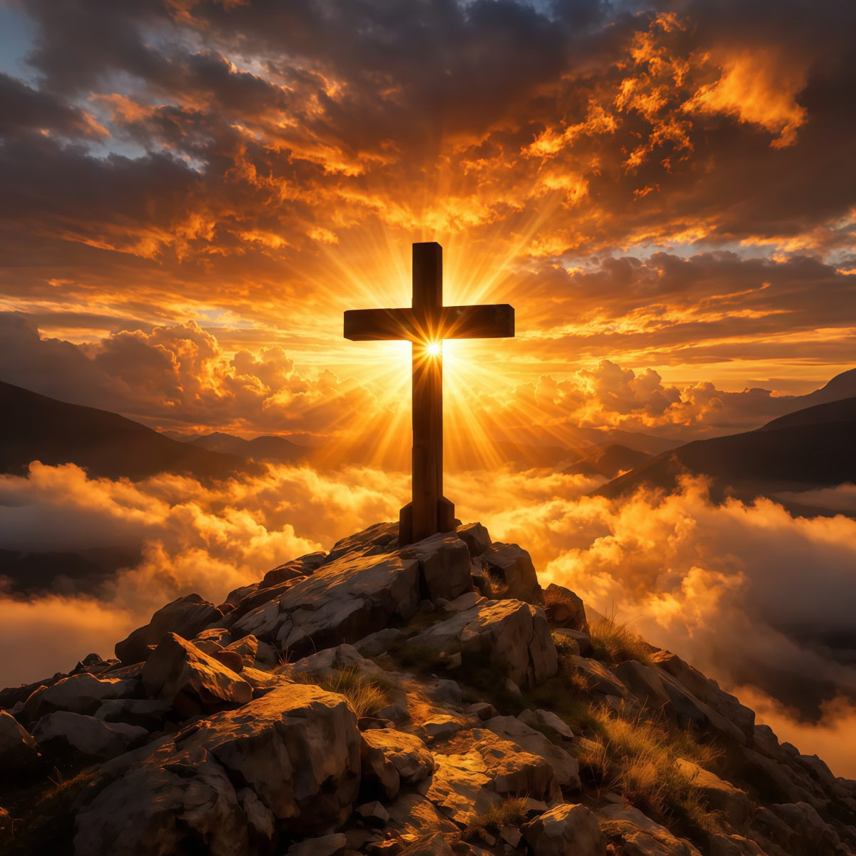 Religiöser Oster-Hintergrund Goldenes strahlendes Kreuz Sonnenaufgang Oster-Fotohintergründe zu verkaufen LXX62-58