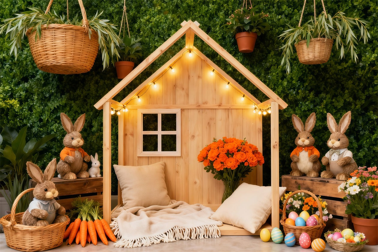 Osterkorb-Hintergrund Rustikales Häschen-Häuschen Karotten-Dekoration Oster-Hintergrund für Fotografie LXX62-60