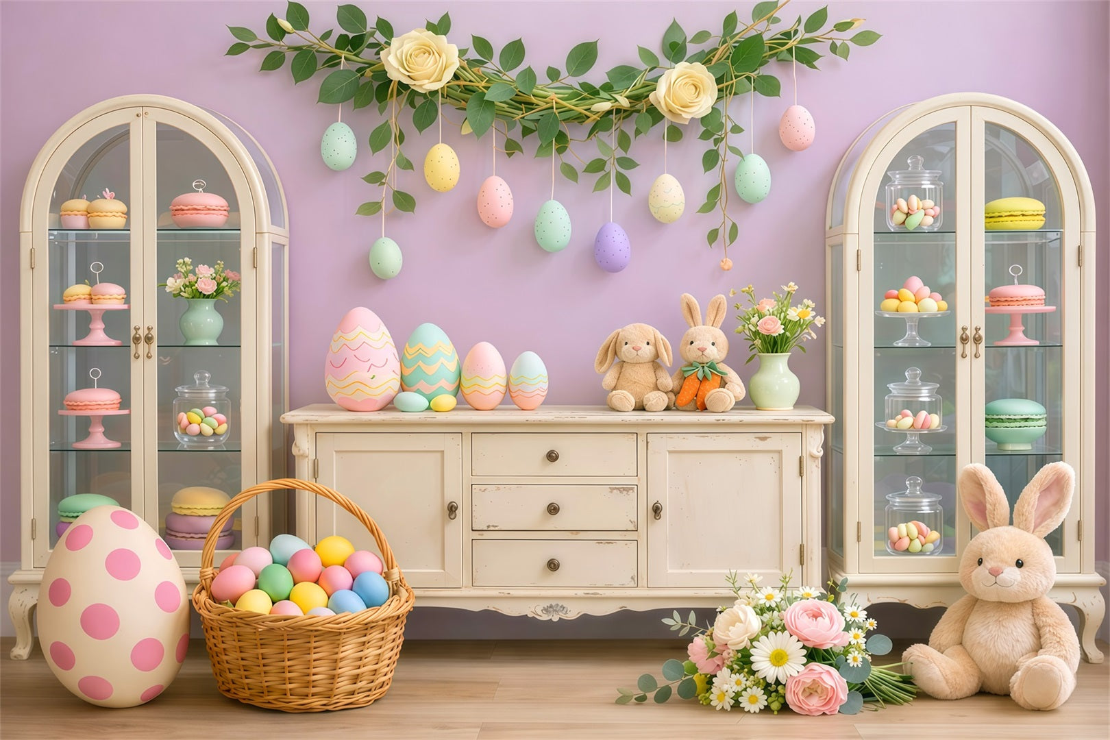 Süßer Oster-Hintergrund Pastellfarbener Bonbon-Schrank Eier-Display-Hintergrund für Osterbilder LXX62-62