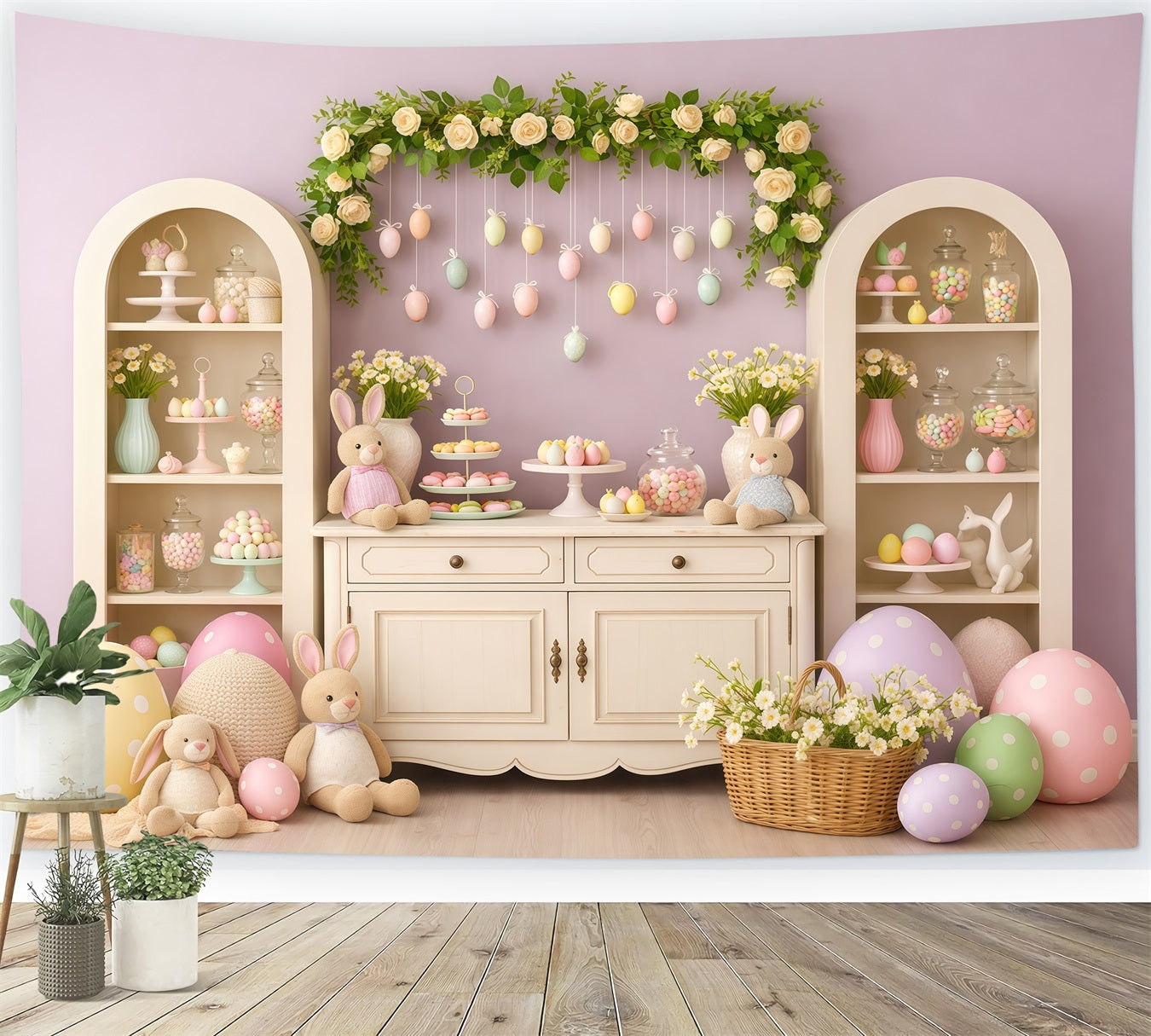 Süßer Osterhintergrund Lavendel Süßes Macaron-Häschen-Display-Hintergrund für Osterbilder LXX62-63