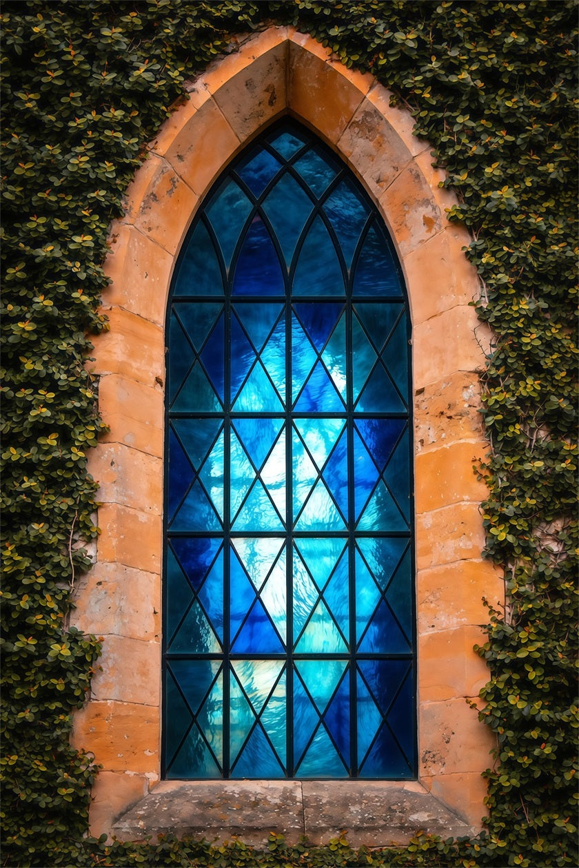 Oster-Hintergründe mit religiösem Motiv Efeubegrünter gotischer blauer Fenster-Osterhintergrund für Fotos LXX62-66