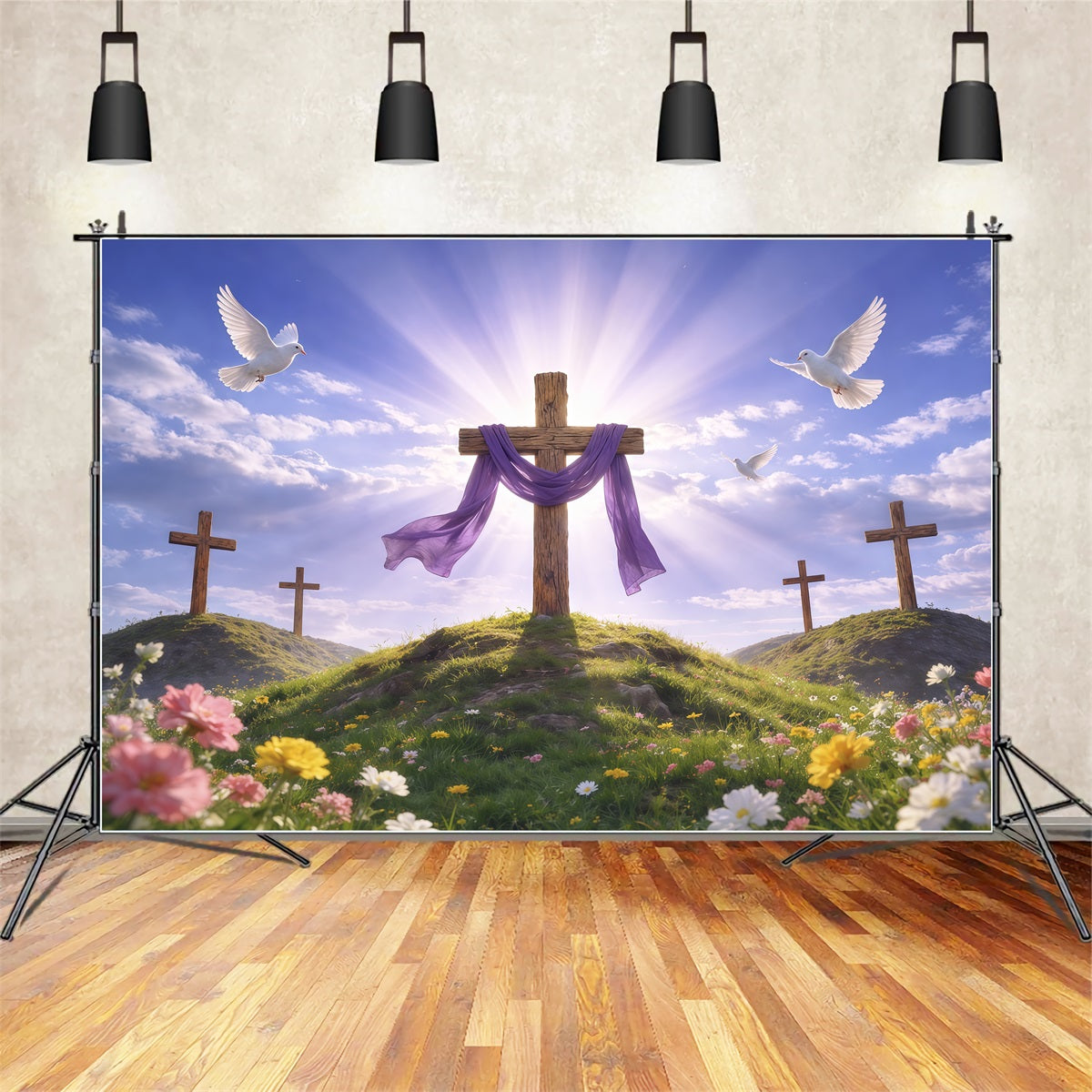 Er ist auferstanden-Hintergrund Strahlender Hügelkreuz-Hintergrund mit violettem Vorhang Fotografie-Osterhintergrund LXX62-67