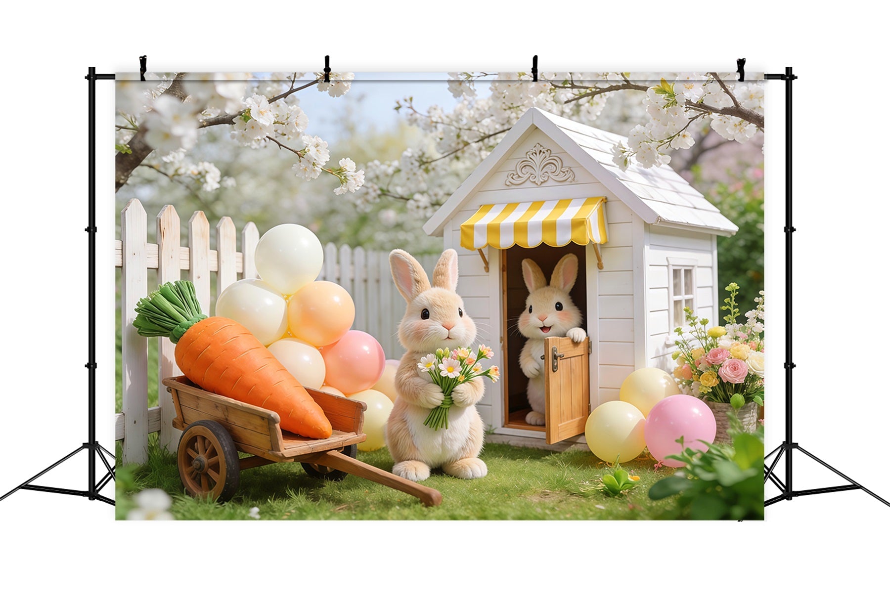 Oster-Hintergrund mit Luftballons Kirschblüten-Hase Gartenhäuschen Oster-Hintergrund LXX62-68