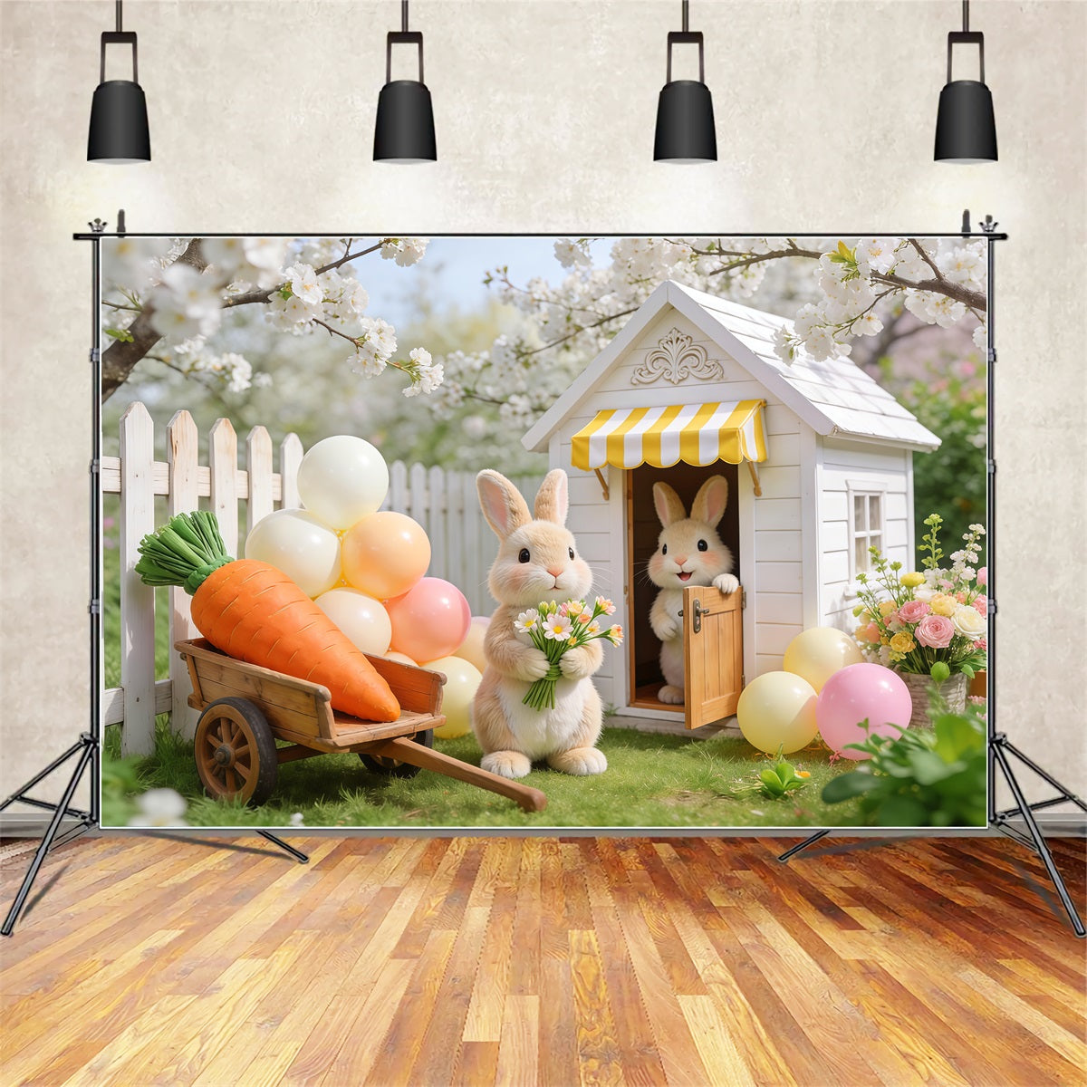 Oster-Hintergrund mit Luftballons Kirschblüten-Hase Gartenhäuschen Oster-Hintergrund LXX62-68