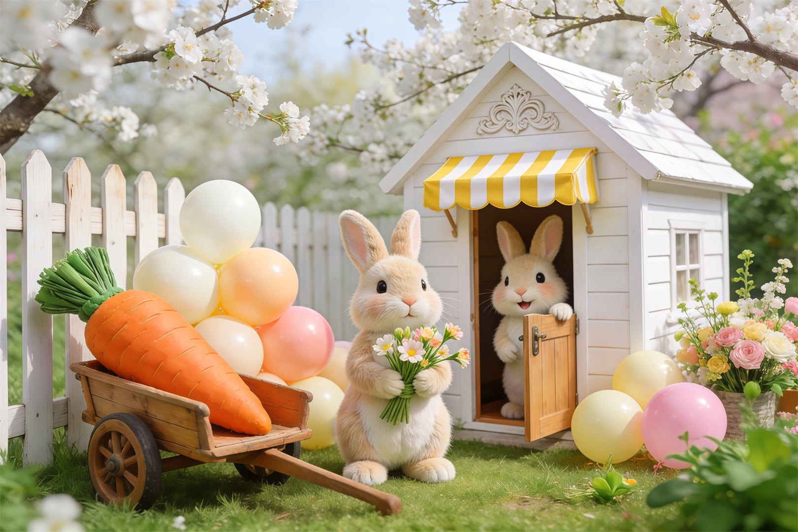 Oster-Hintergrund mit Luftballons Kirschblüten-Hase Gartenhäuschen Oster-Hintergrund LXX62-68