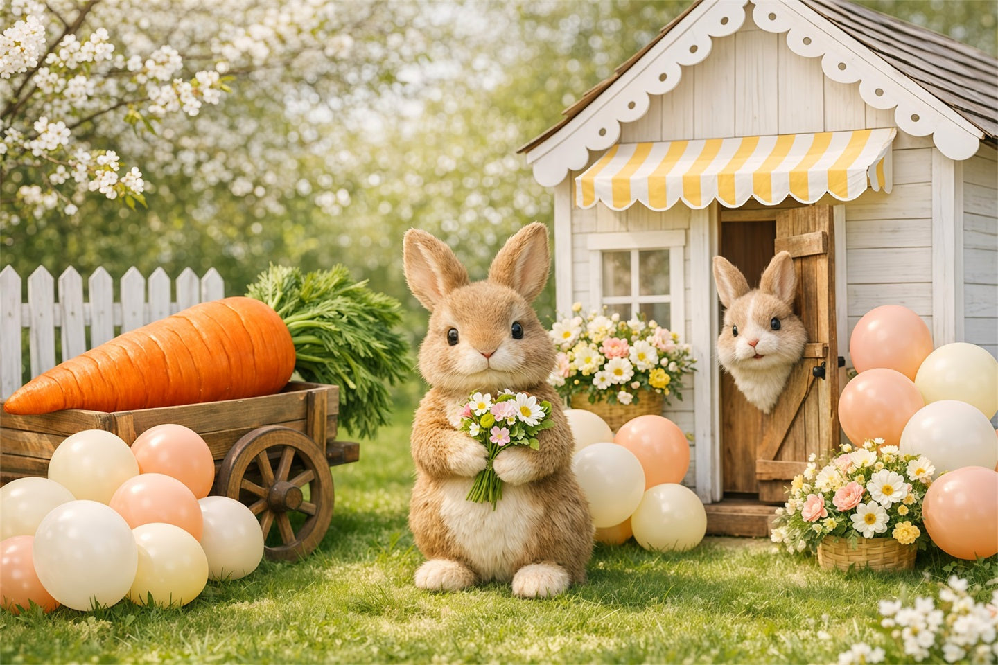 Oster-Hintergrund mit Luftballons Frühlingshase Karottenkarren Hof Oster-Hintergrund LXX62-69