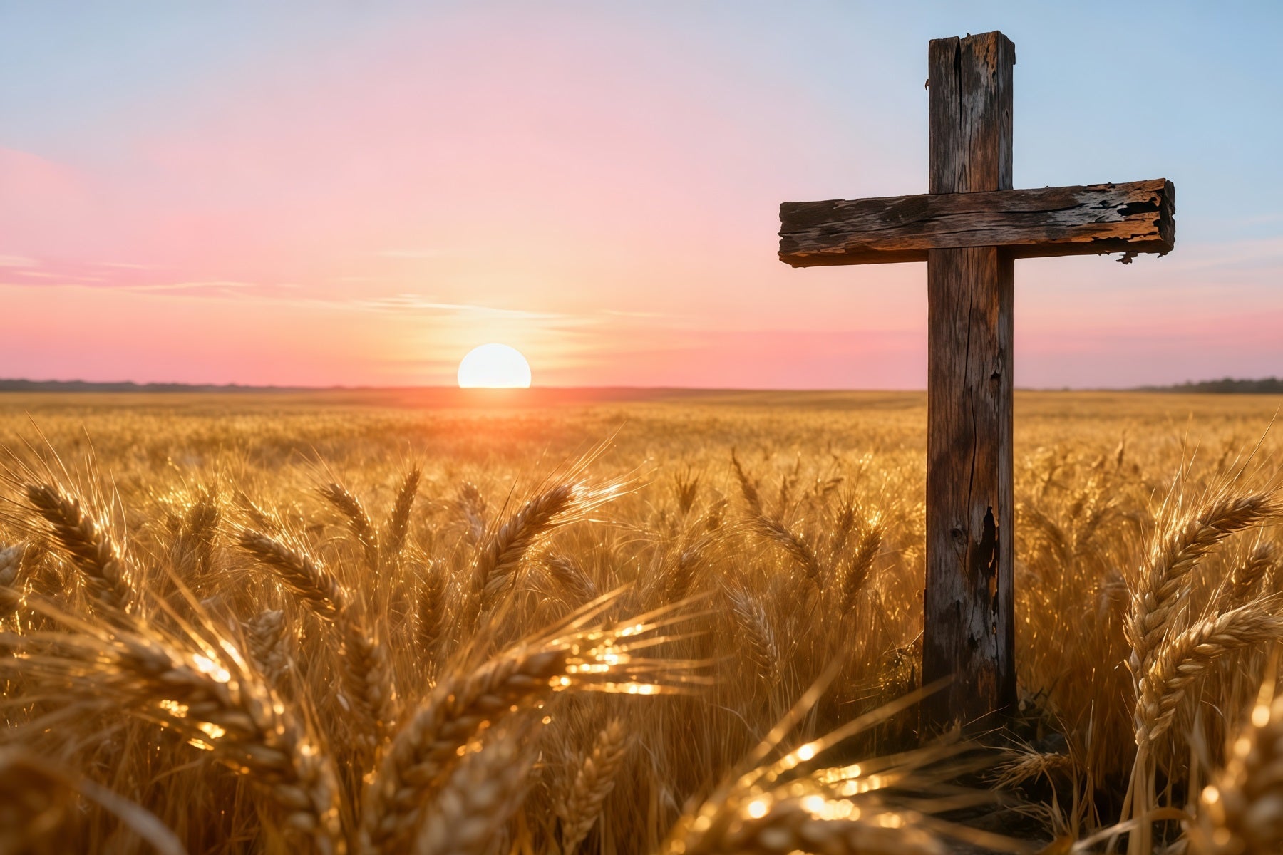 Christlicher Oster-Fotohintergrund Goldenes Weizenfeld Sonnenuntergang Holzkreuz Einfacher Oster-Hintergrund LXX62-75