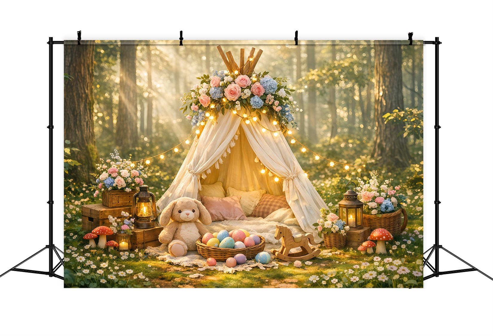 Baby-Oster-Hintergrund Verzauberter Wald Blumen-Tipi Osterparty-Hintergrund LXX62-77