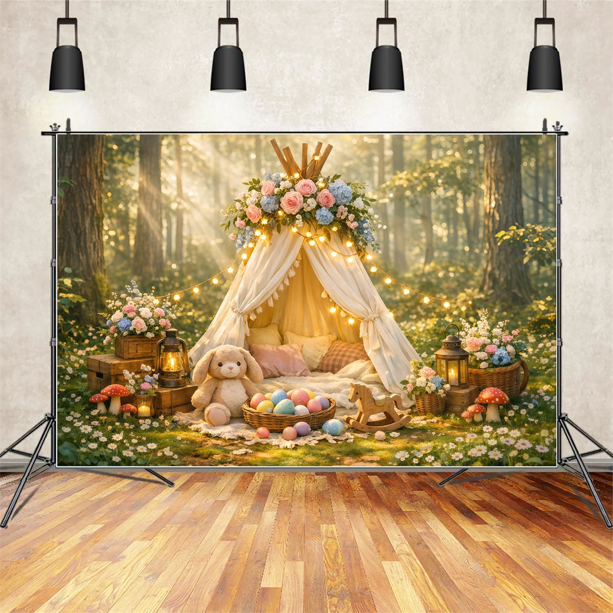 Baby-Oster-Hintergrund Verzauberter Wald Blumen-Tipi Osterparty-Hintergrund LXX62-77