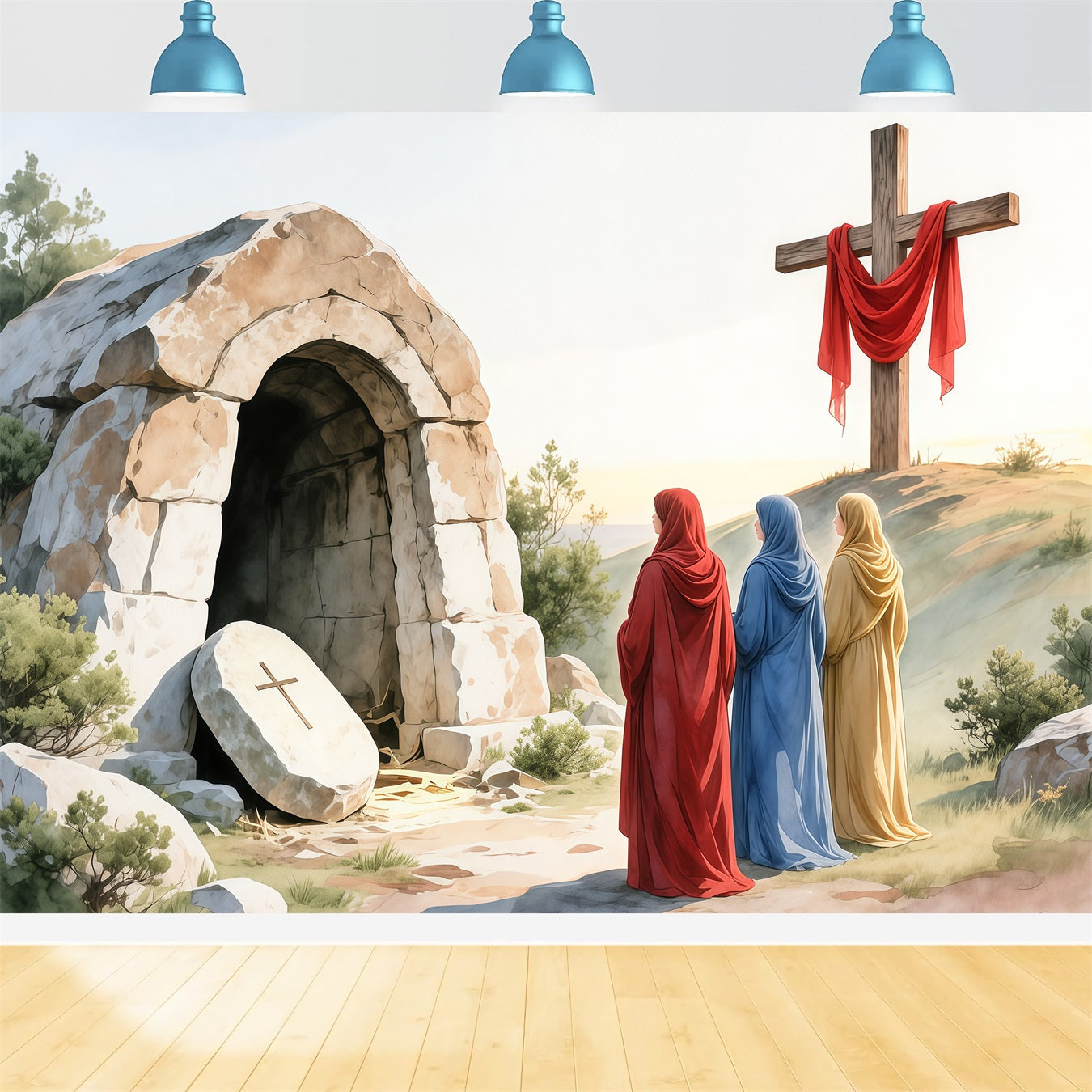 Religiöser Oster-Fotohintergrund Auferstehungskreuz Leeres Grab Fotografie Osterhintergründe LXX62-83