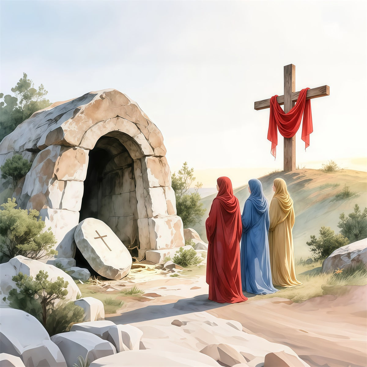 Religiöser Oster-Fotohintergrund Auferstehungskreuz Leeres Grab Fotografie Osterhintergründe LXX62-83