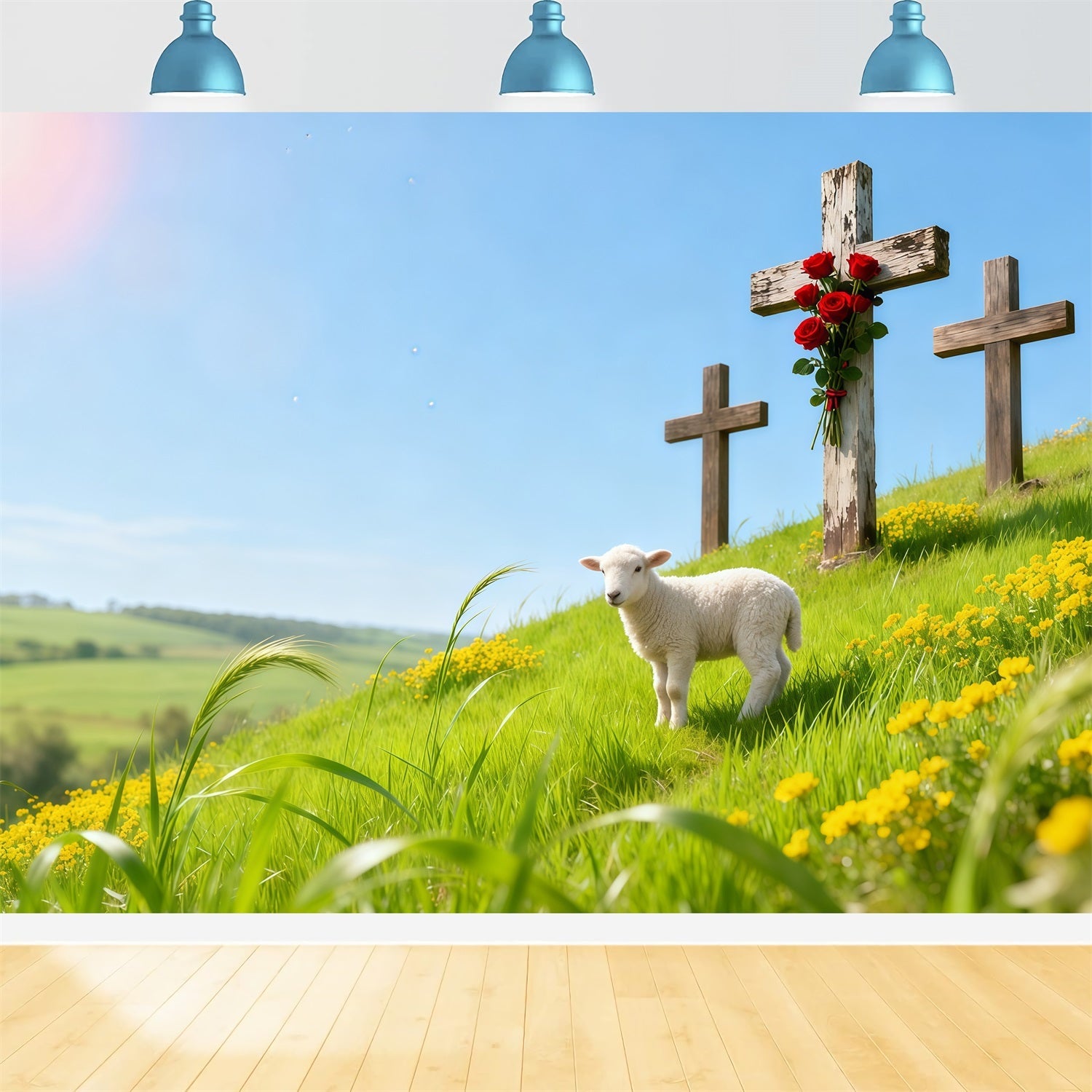 Kirchenhintergrund für Ostern Frühlingswiese Lamm Drei Kreuze Oster-Hintergründe LXX62-84