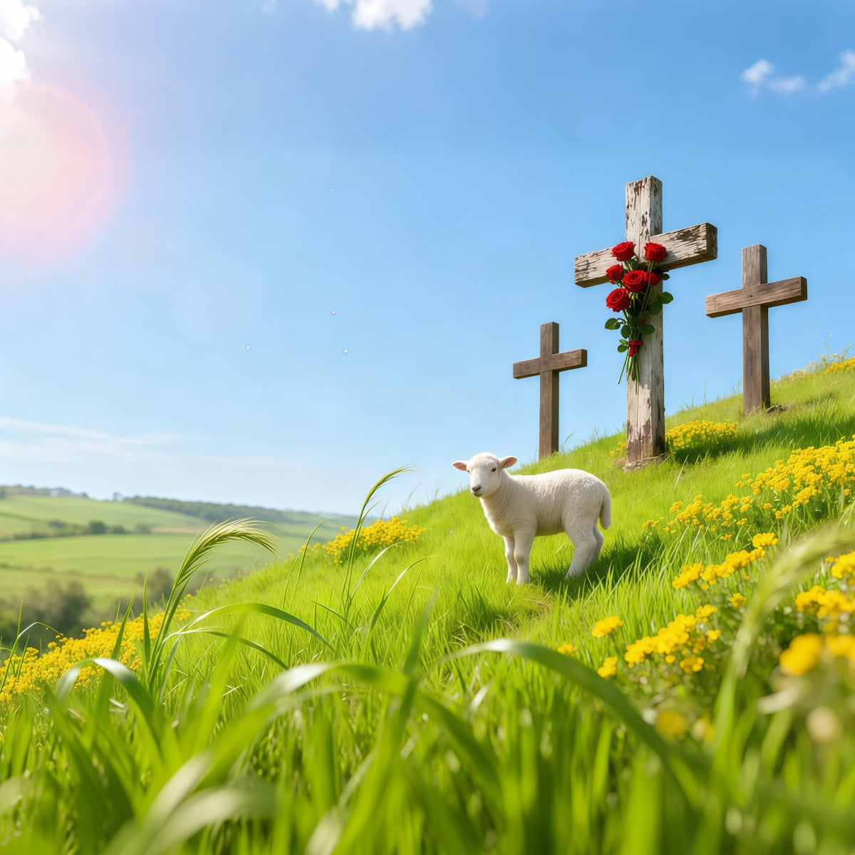 Kirchenhintergrund für Ostern Frühlingswiese Lamm Drei Kreuze Oster-Hintergründe LXX62-84