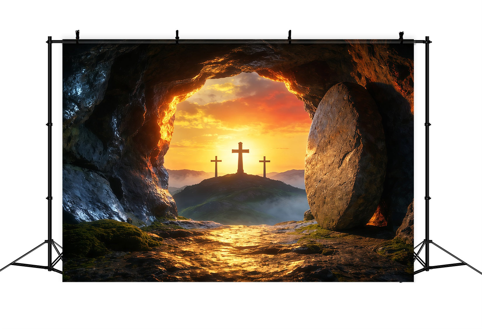 Oster-Grab-Hintergründe Sonnenaufgang Leere Höhle Drei Kreuze Oster-Hintergrundideen LXX62-85