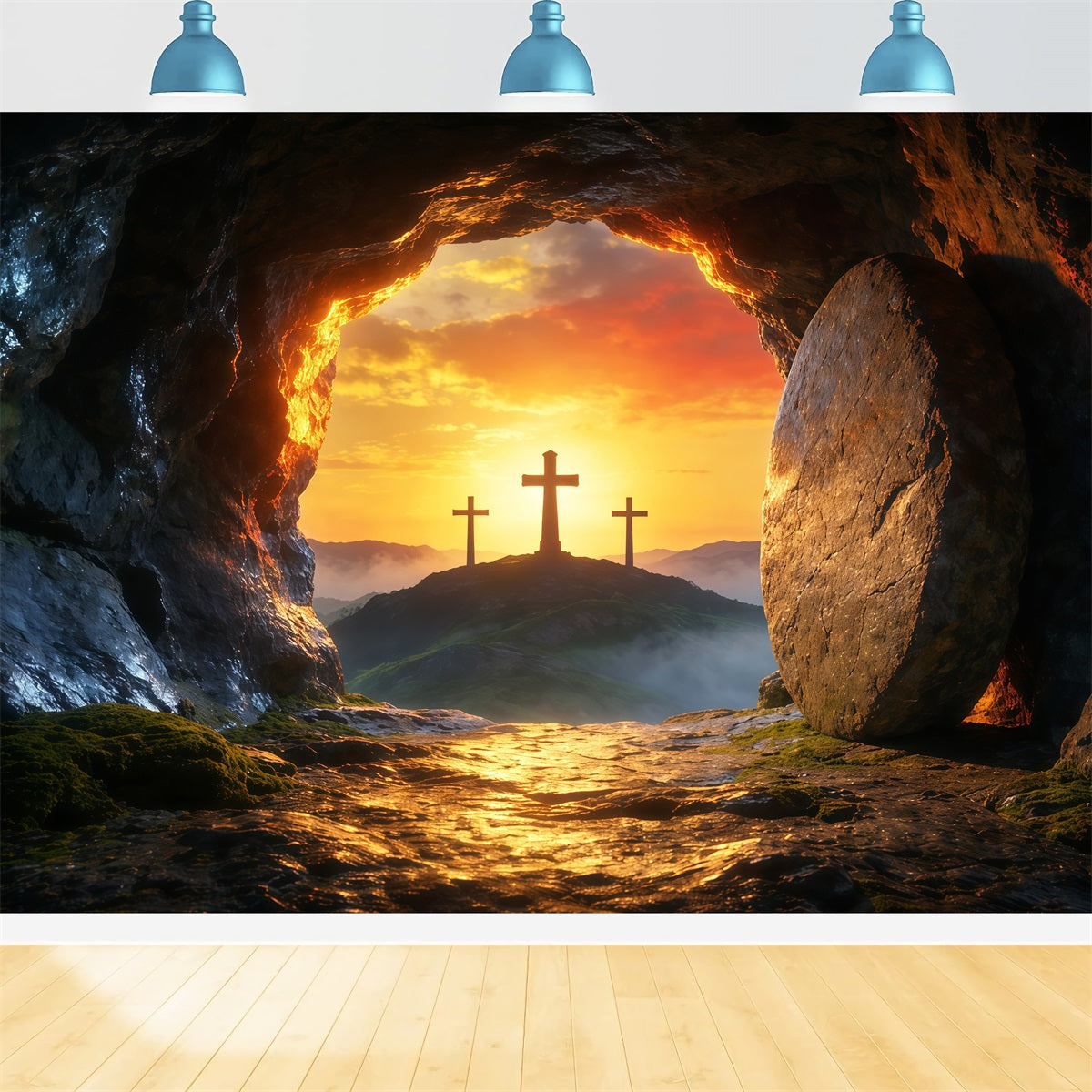 Oster-Grab-Hintergründe Sonnenaufgang Leere Höhle Drei Kreuze Oster-Hintergrundideen LXX62-85