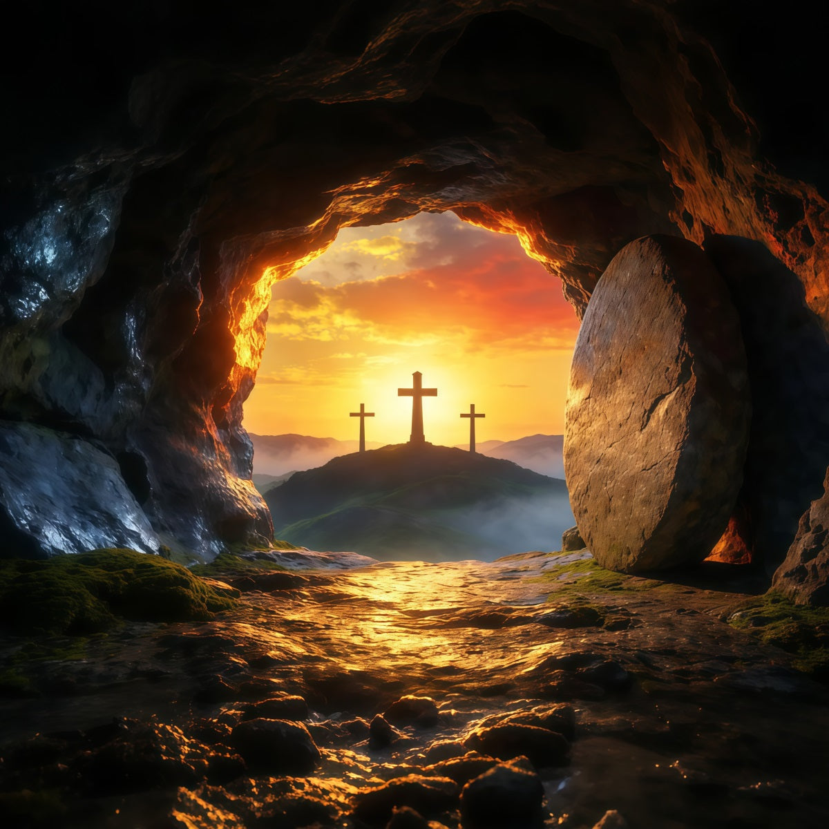 Oster-Grab-Hintergründe Sonnenaufgang Leere Höhle Drei Kreuze Oster-Hintergrundideen LXX62-85