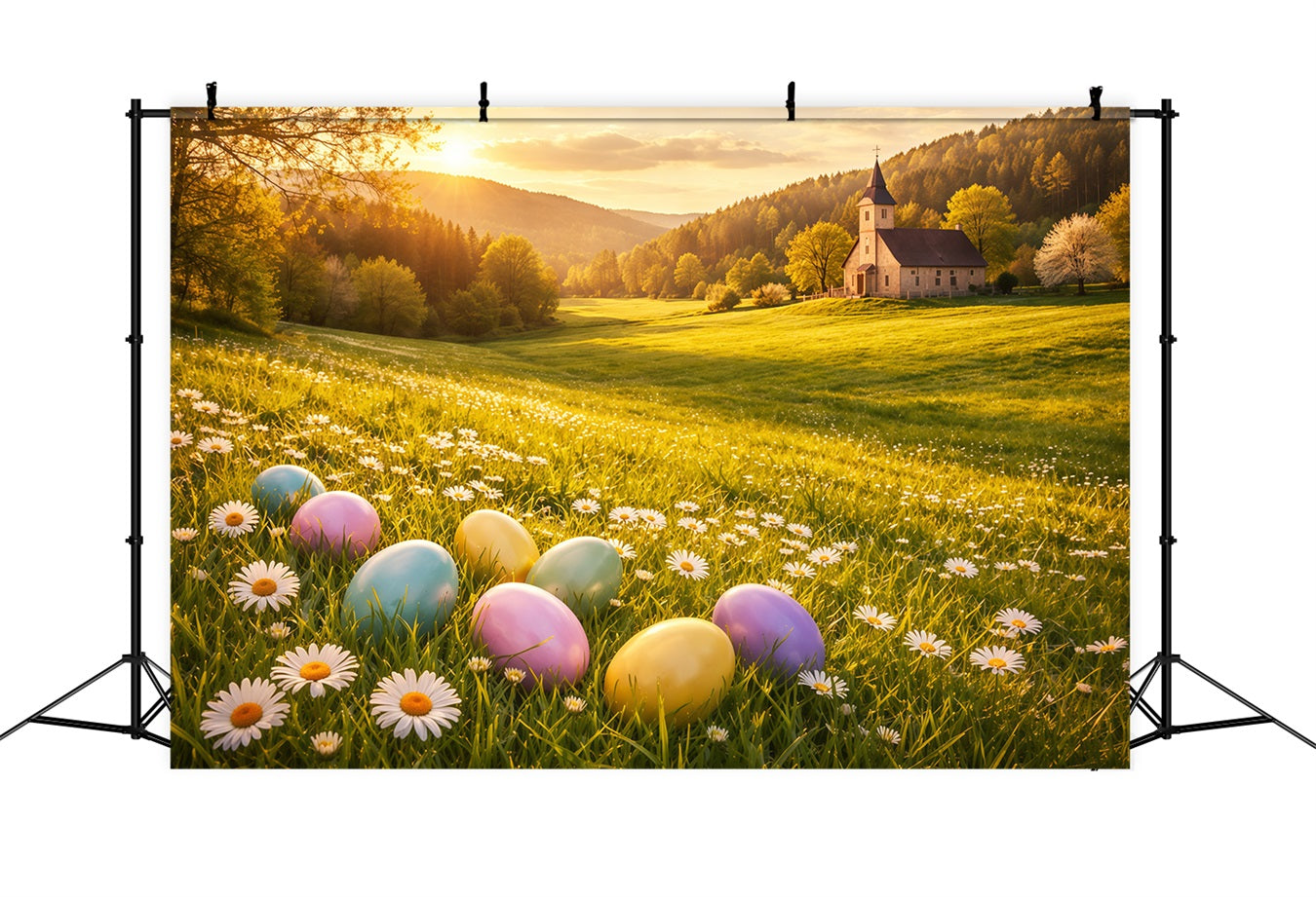 Hintergrund mit Eiern Goldener Sonnenaufgang Gänseblümchenwiese Kirche Osterhintergründe im Freien LXX62-89
