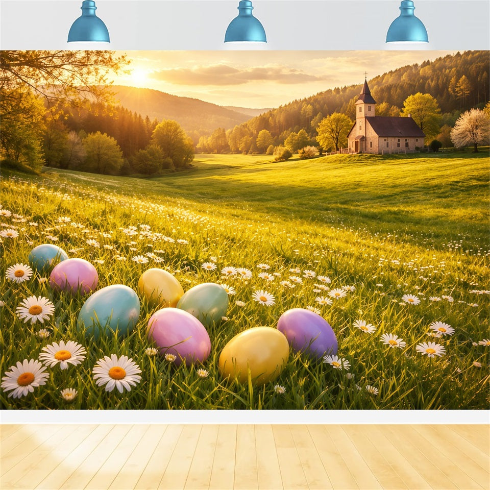 Hintergrund mit Eiern Goldener Sonnenaufgang Gänseblümchenwiese Kirche Osterhintergründe im Freien LXX62-89