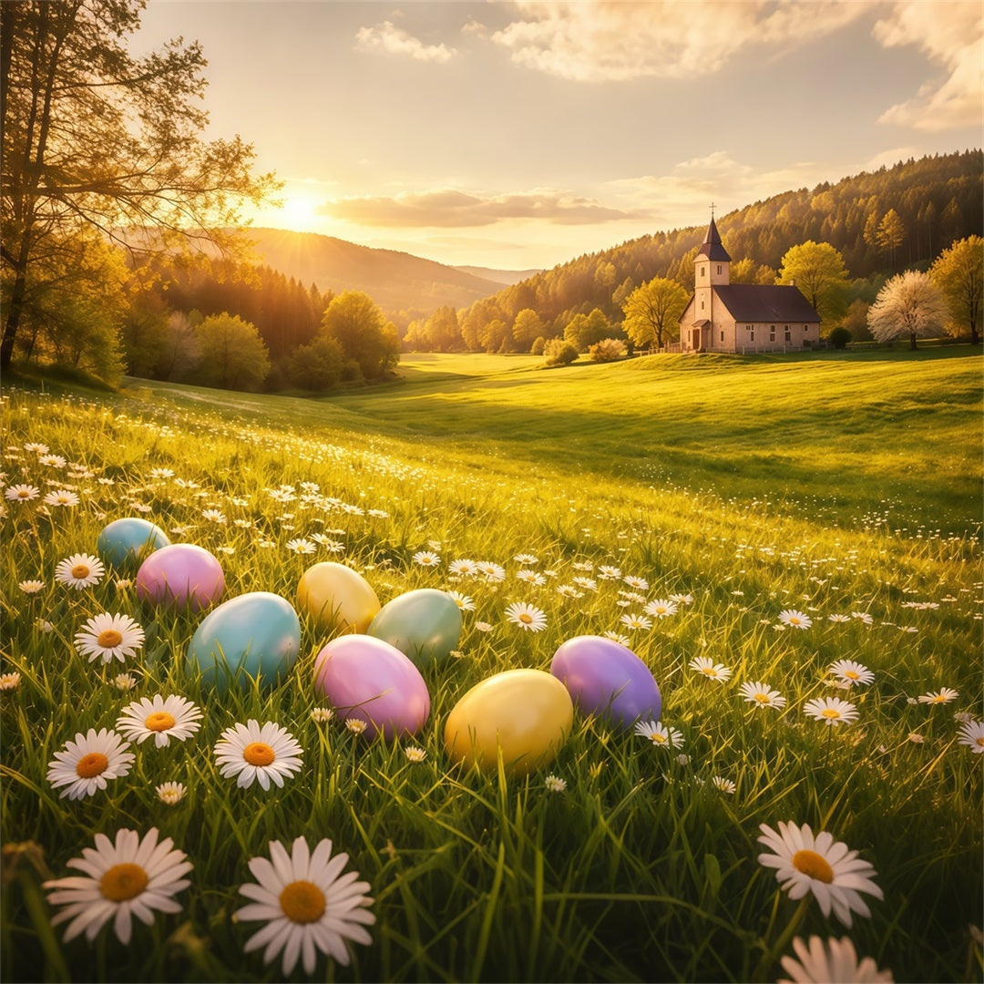 Hintergrund mit Eiern Goldener Sonnenaufgang Gänseblümchenwiese Kirche Osterhintergründe im Freien LXX62-89