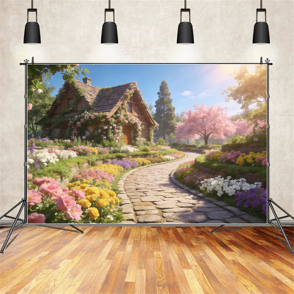 Romantisches Landhaus Muttertag-Hintergrund Frühlingsblumenweg Sonnenschein Froher Muttertag-Hintergrund LXX63-15