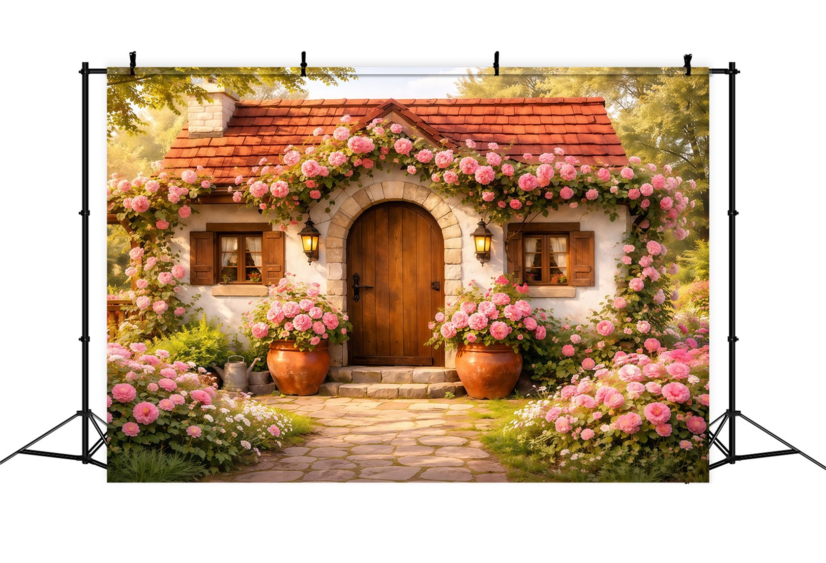 Romantisches Landhaus Muttertag-Hintergrund Rustikale Tür Rosenblüte Alles Gute zum Muttertag-Hintergrund LXX63-17