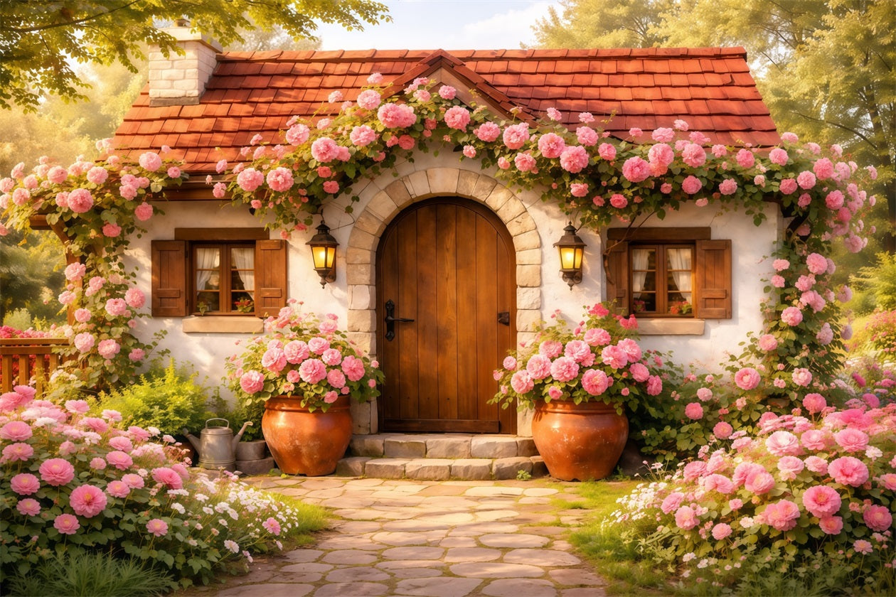 Romantisches Landhaus Muttertag-Hintergrund Rustikale Tür Rosenblüte Alles Gute zum Muttertag-Hintergrund LXX63-17