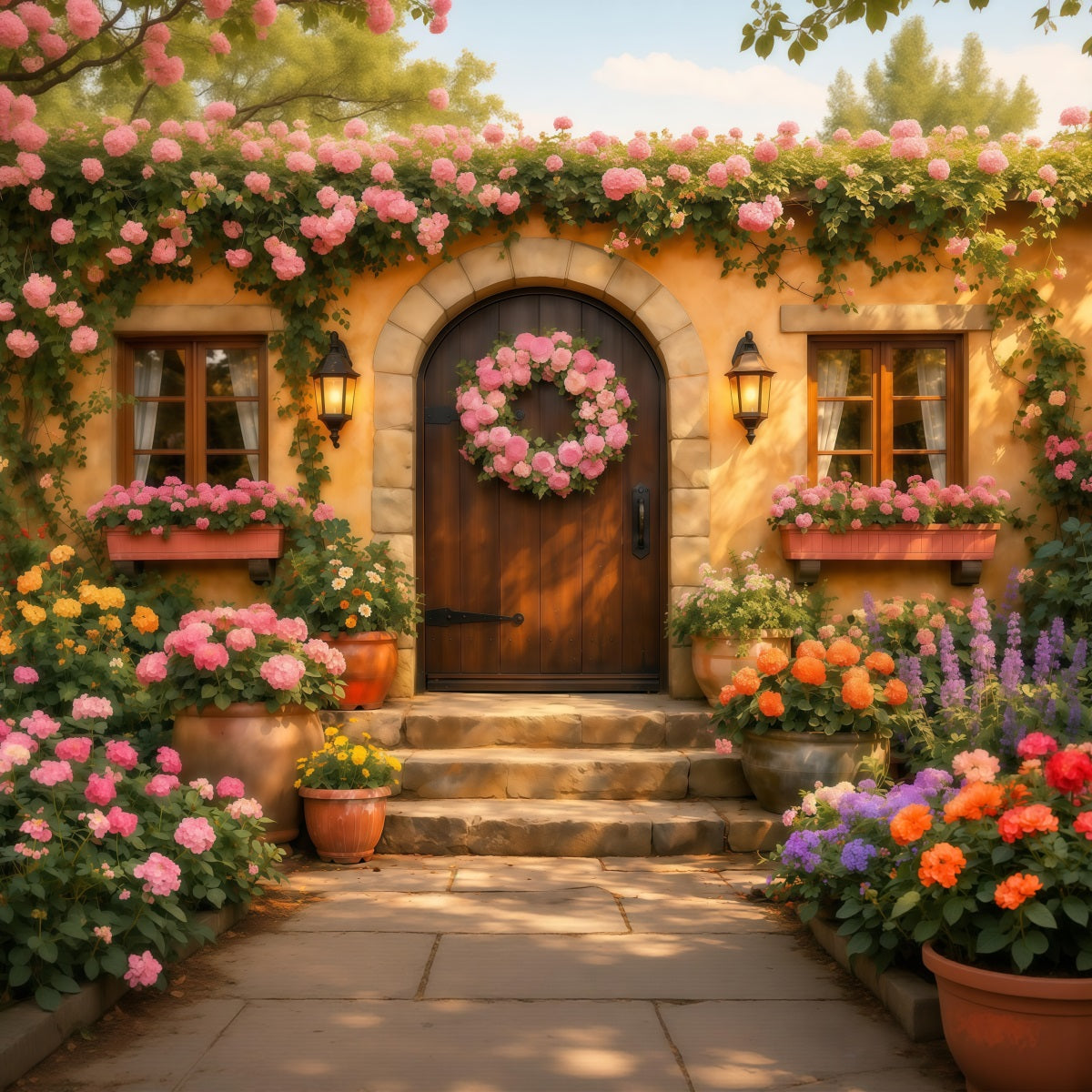 Romantisches Landhaus Muttertag-Hintergrund Blumenkranz Tür Laterne Alles Gute zum Muttertag-Hintergrund LXX63-18