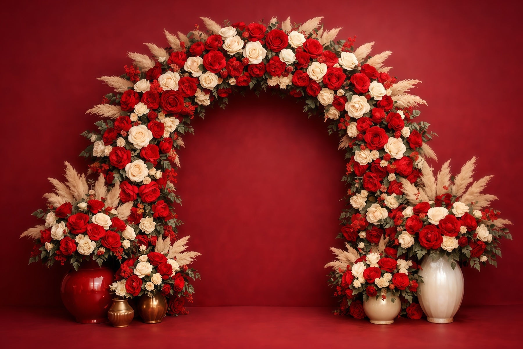 Blumenbogen Muttertag-Hintergrund Elegante Wand Rote Elfenbeinrose Muttertag-Hintergrundideen LXX63-19