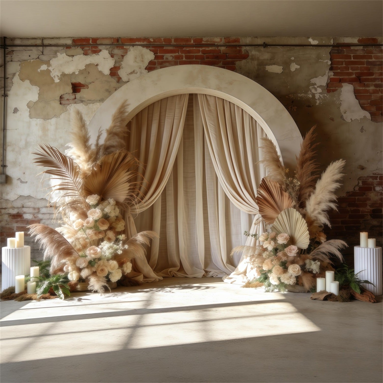 Blumenbogen Muttertag-Hintergrund Boho-Vorhang Pampasgras Backsteinmauer Muttertag-Hintergrundideen LXX63-21