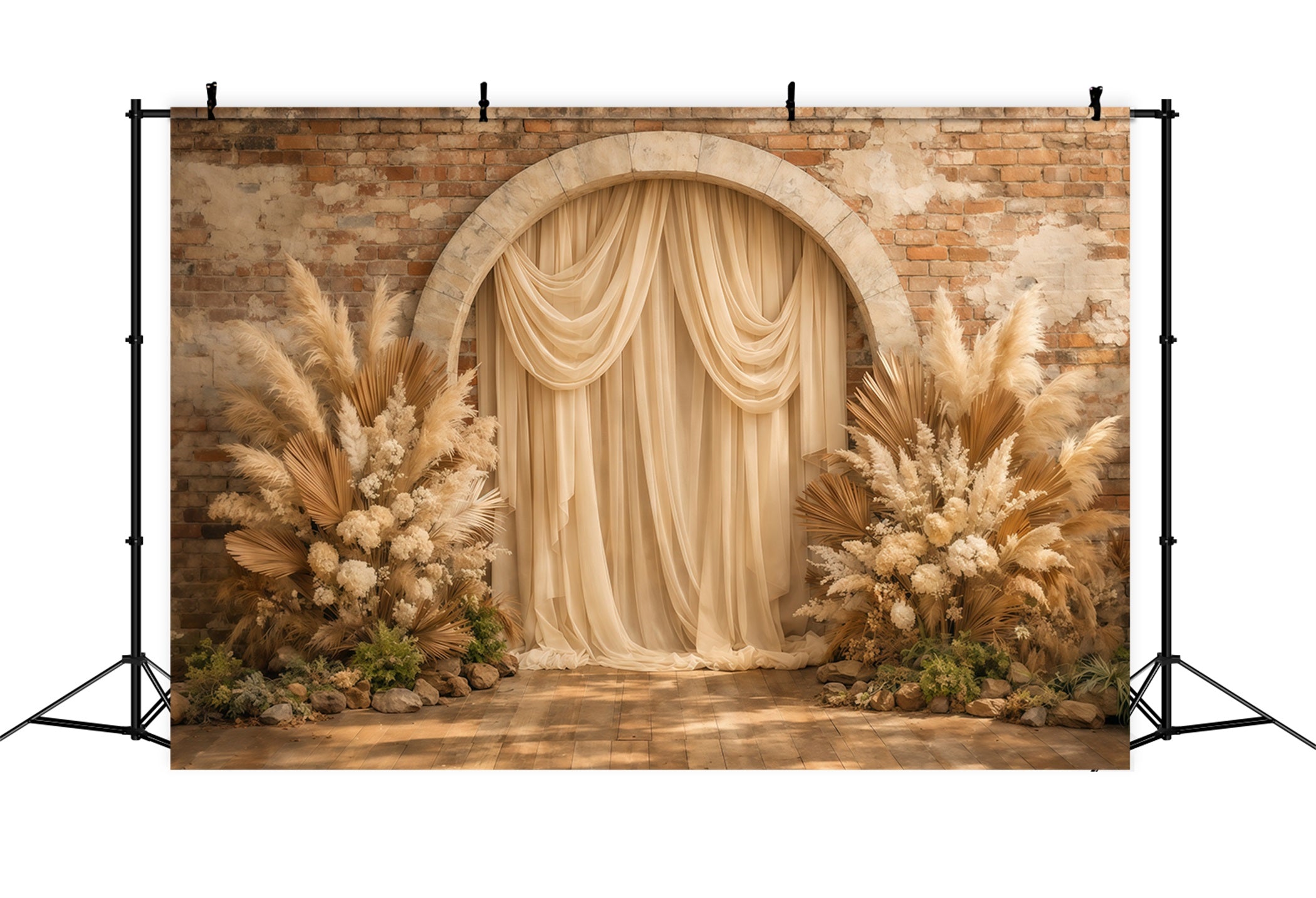 Blumenbogen-Hintergrund für den Muttertag Rustikale Backsteinmauer, Boho-Pampasgras – Ideen für Muttertags-Hintergründe LXX63-22