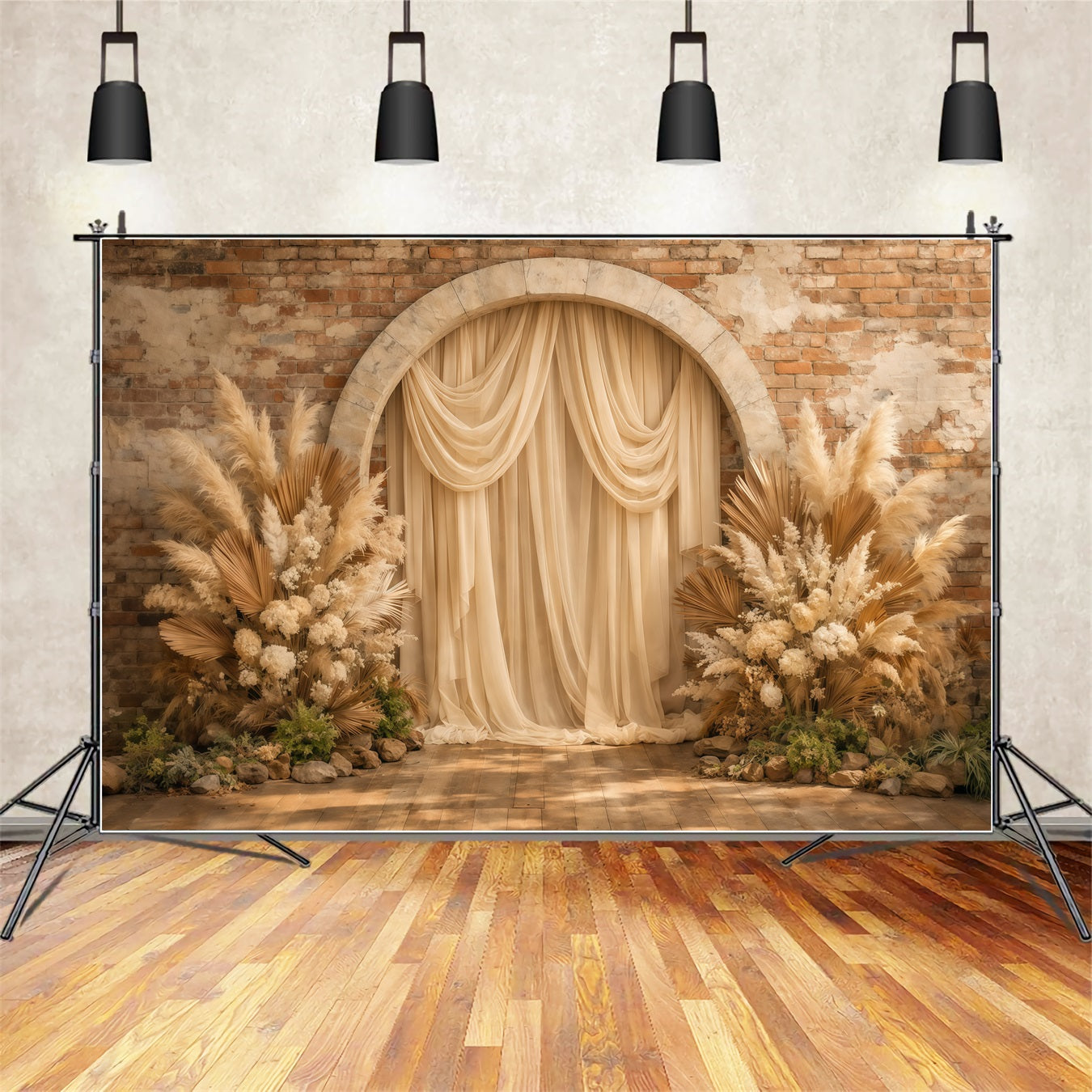 Blumenbogen-Hintergrund für den Muttertag Rustikale Backsteinmauer, Boho-Pampasgras – Ideen für Muttertags-Hintergründe LXX63-22