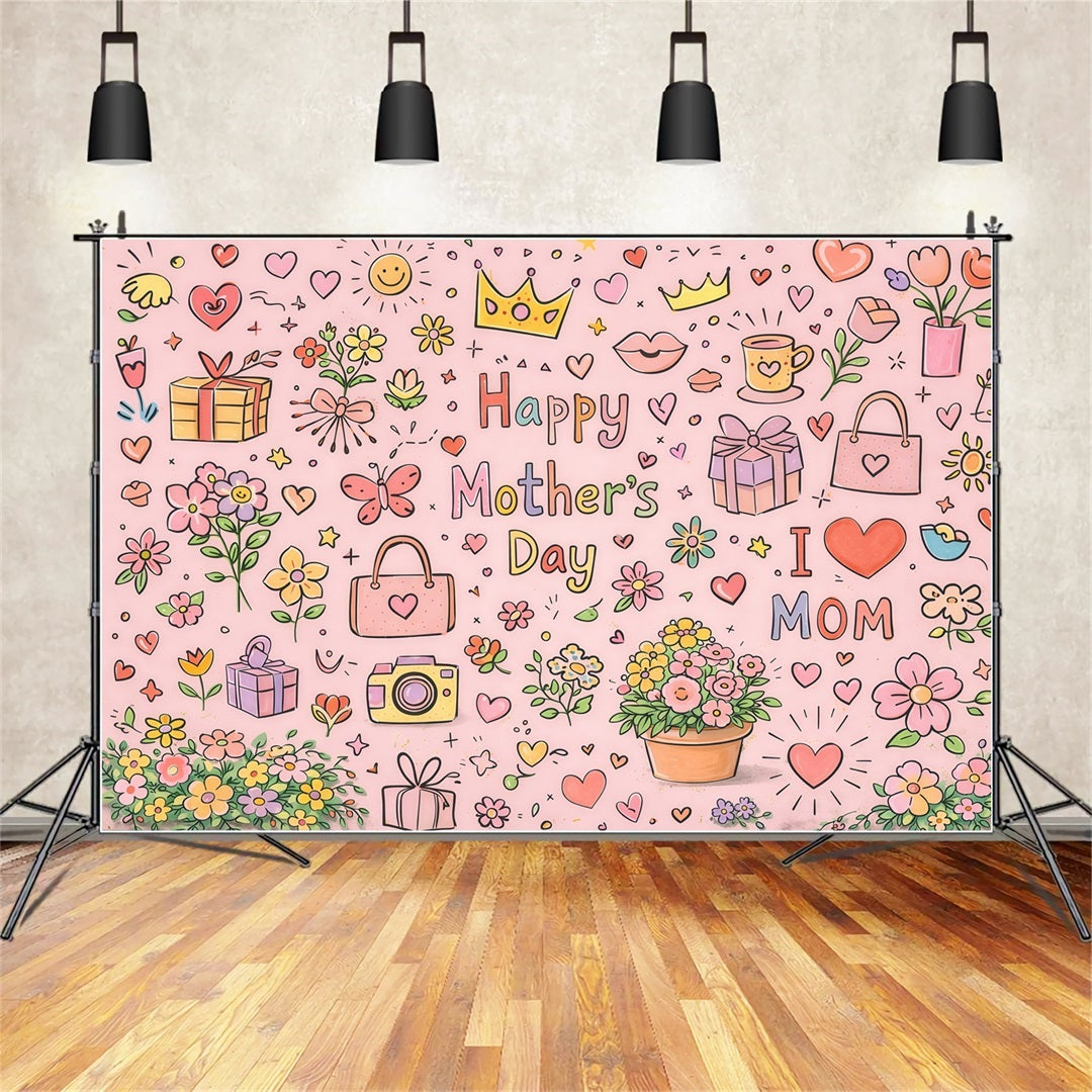 Hintergrund für den Muttertag mit Buchstaben „Mom“ und niedlichem Doodle-Blumenmuster – Hintergrund für Geschenke zum Muttertag LXX63-26