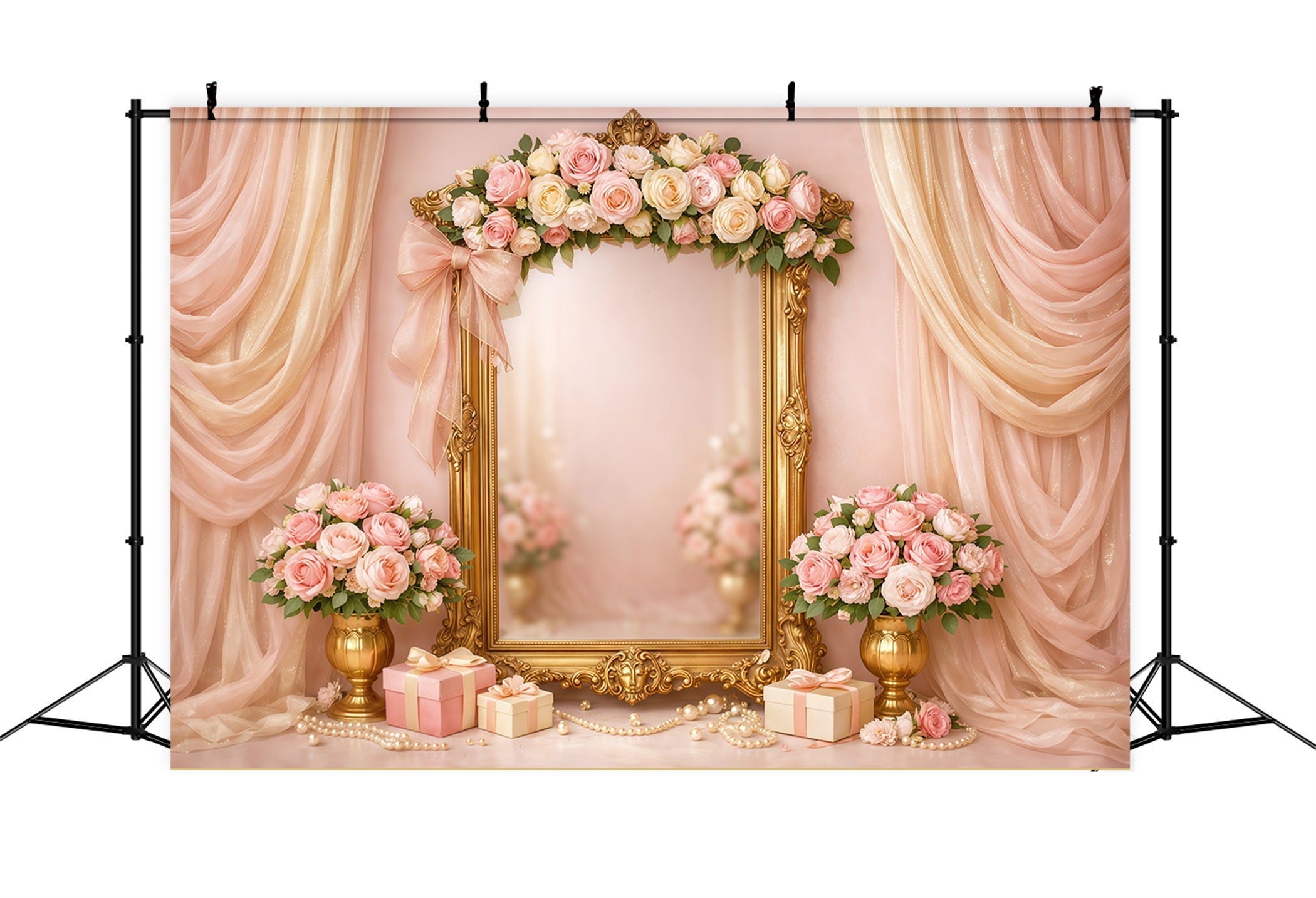 Rosa-Gold-Romantik Muttertag-Hintergrund Luxusrahmen mit Blumen-Geschenk Muttertag-Hintergründe LXX63-31