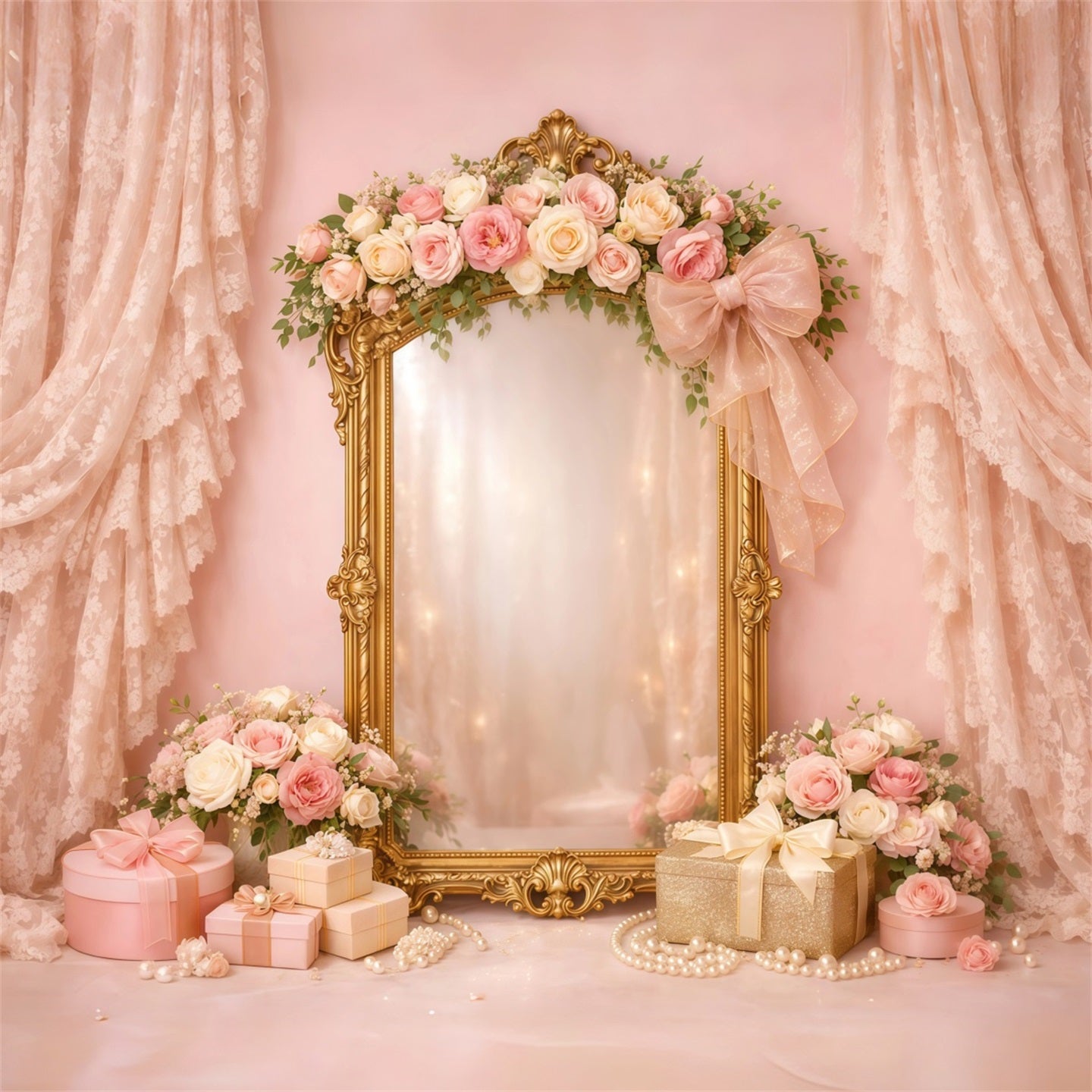 Rosa-Gold-Romantik Muttertag-Hintergrund Vintage-Spiegel mit Spitze und Blumen-Geschenk Muttertag-Hintergründe LXX63-32