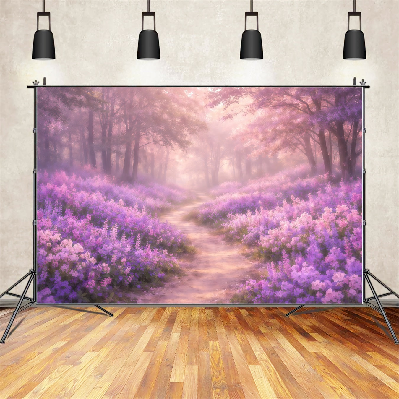 Verträumter Soft-Focus-Hintergrund zum Muttertag – Lila Blütenwaldweg-Fotohintergründe zum Muttertag LXX63-33