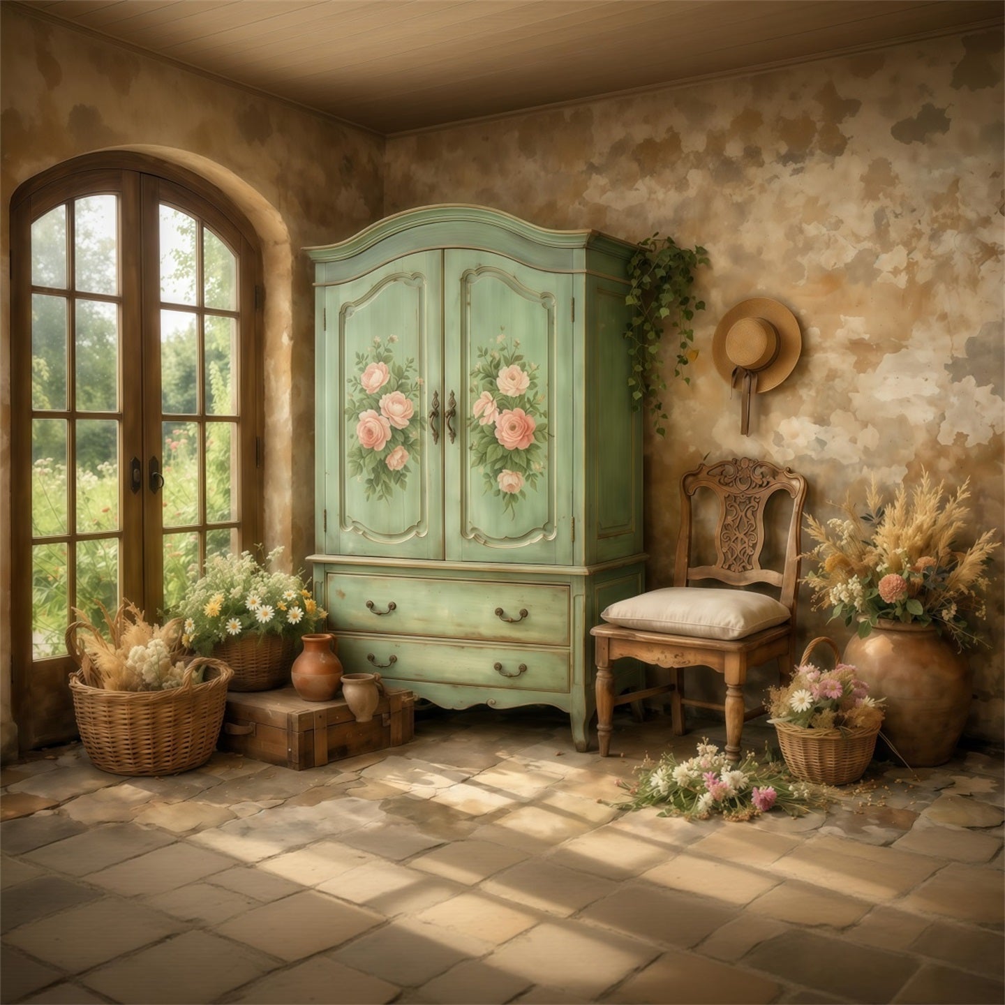 Fotohintergrund zum Muttertag im Farmhouse-Chic: Vintage-Kleiderschrank in Mintgrün, Innenansicht, Fotohintergrund zum Muttertag LXX63-41