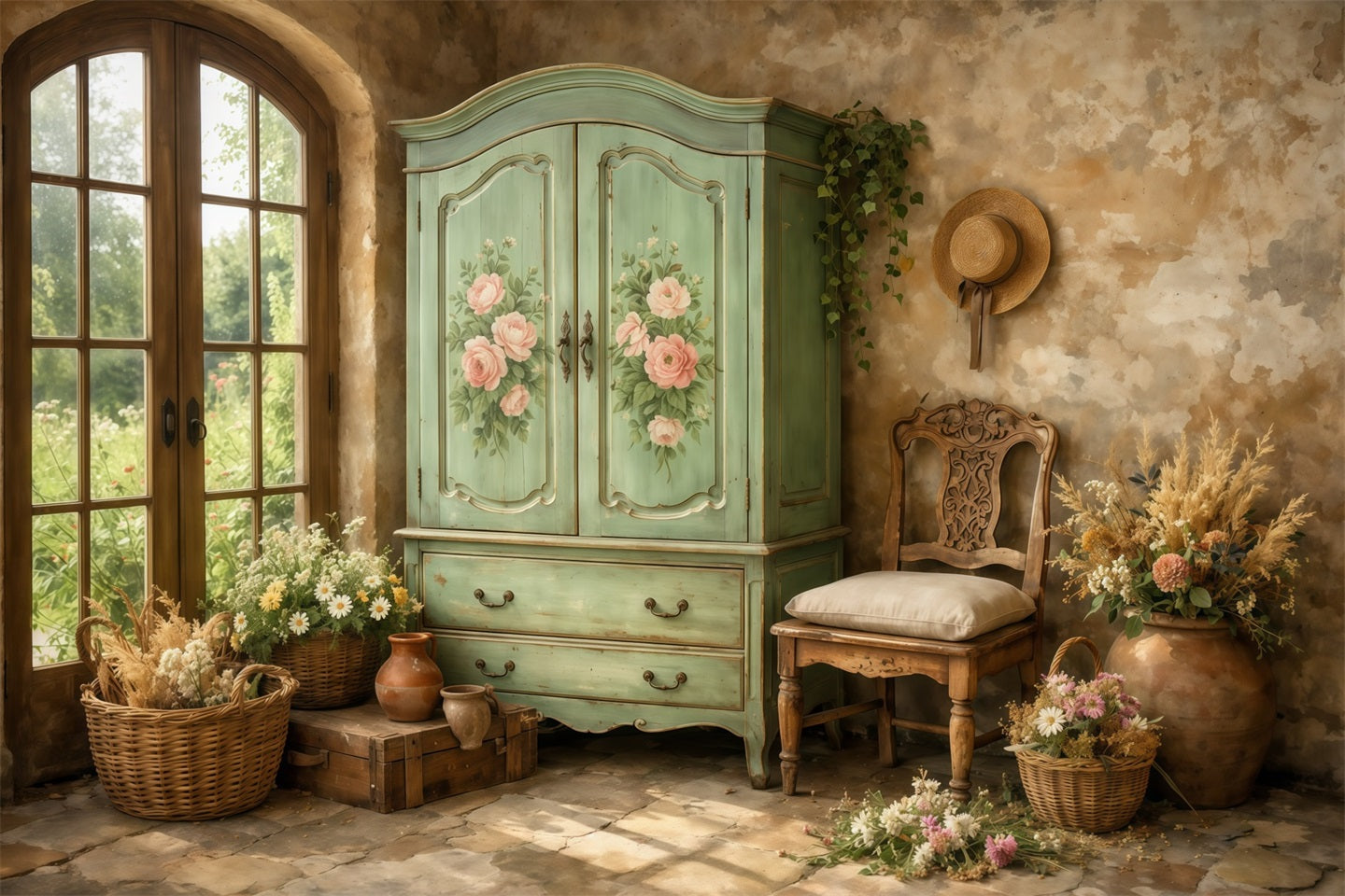 Fotohintergrund zum Muttertag im Farmhouse-Chic: Vintage-Kleiderschrank in Mintgrün, Innenansicht, Fotohintergrund zum Muttertag LXX63-41