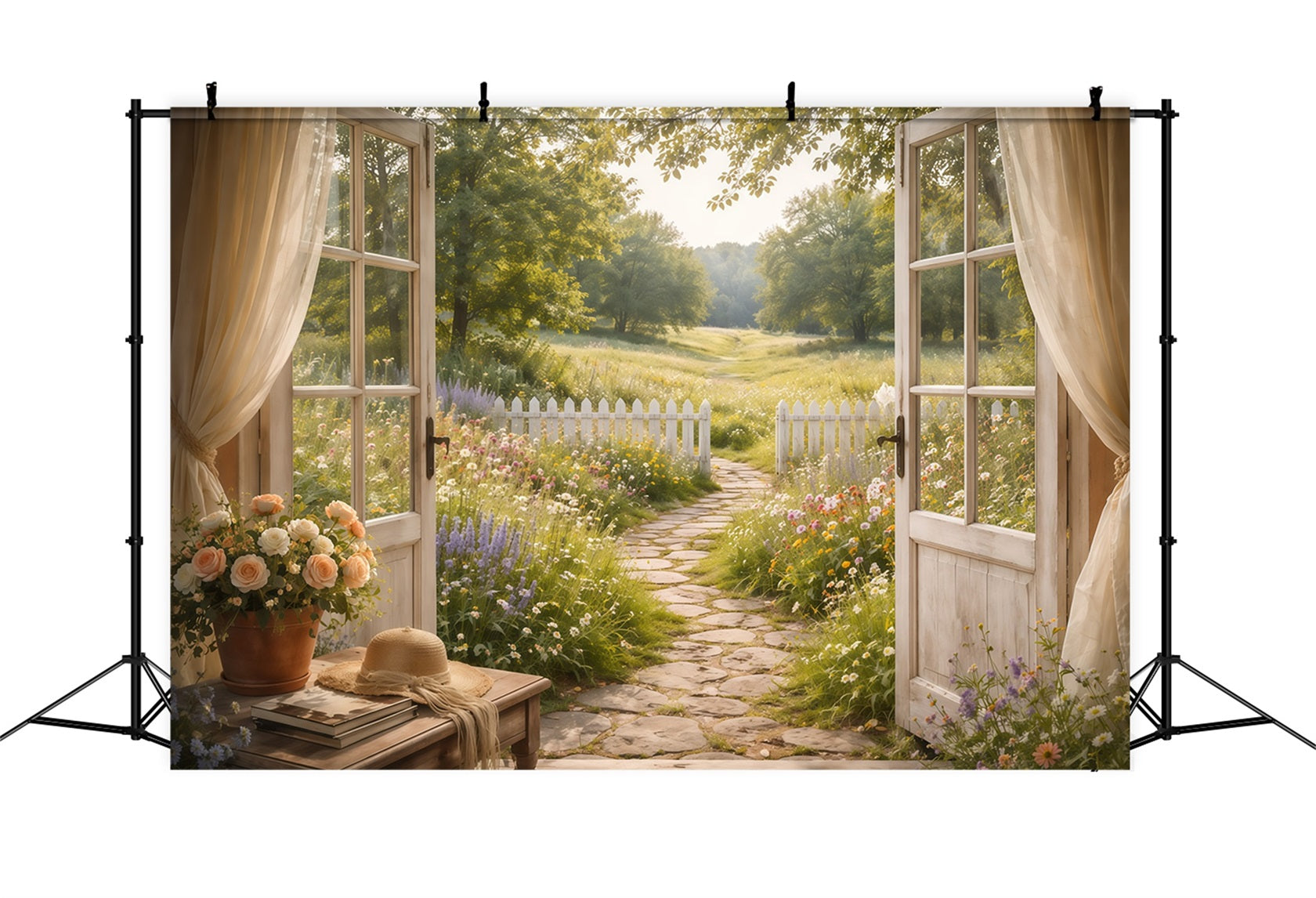 Fotohintergrund zum Muttertag im Farmhouse-Chic: Sonnendurchfluteter Weg, Blick durch offenes Fenster, Fotohintergrund zum Muttertag LXX63-42
